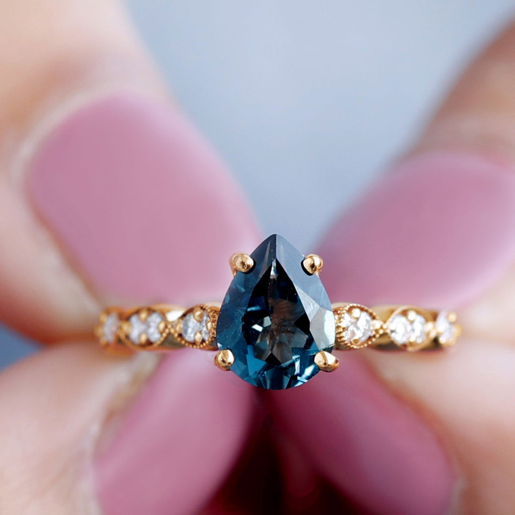 6X8mm Pear Shaped London Blue Topaz Teardrop Engagement Ring with Diamond