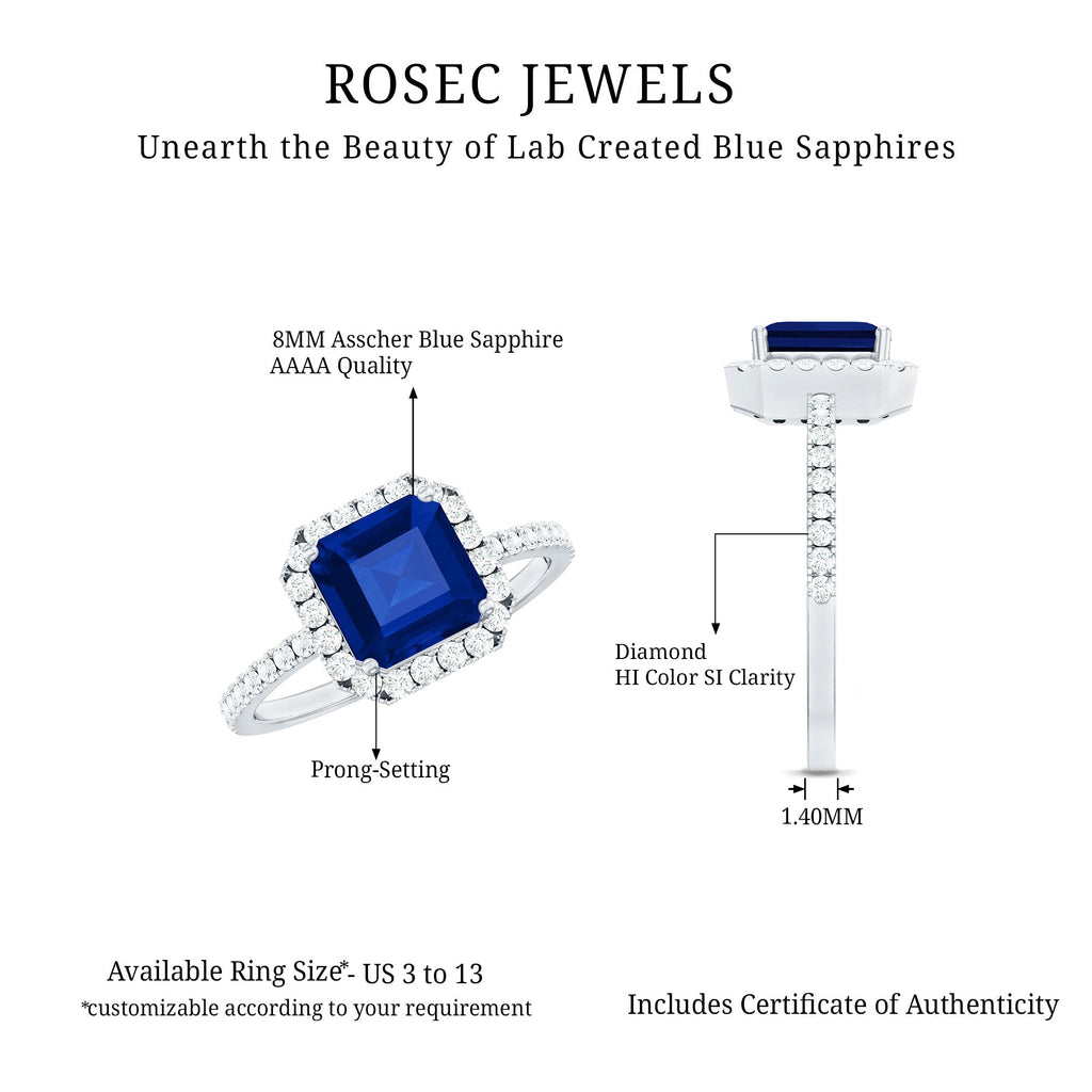Certified 4.8 Carat Lab Grown Blue Sapphire Asscher Cut Engagement Ring with Diamond Halo