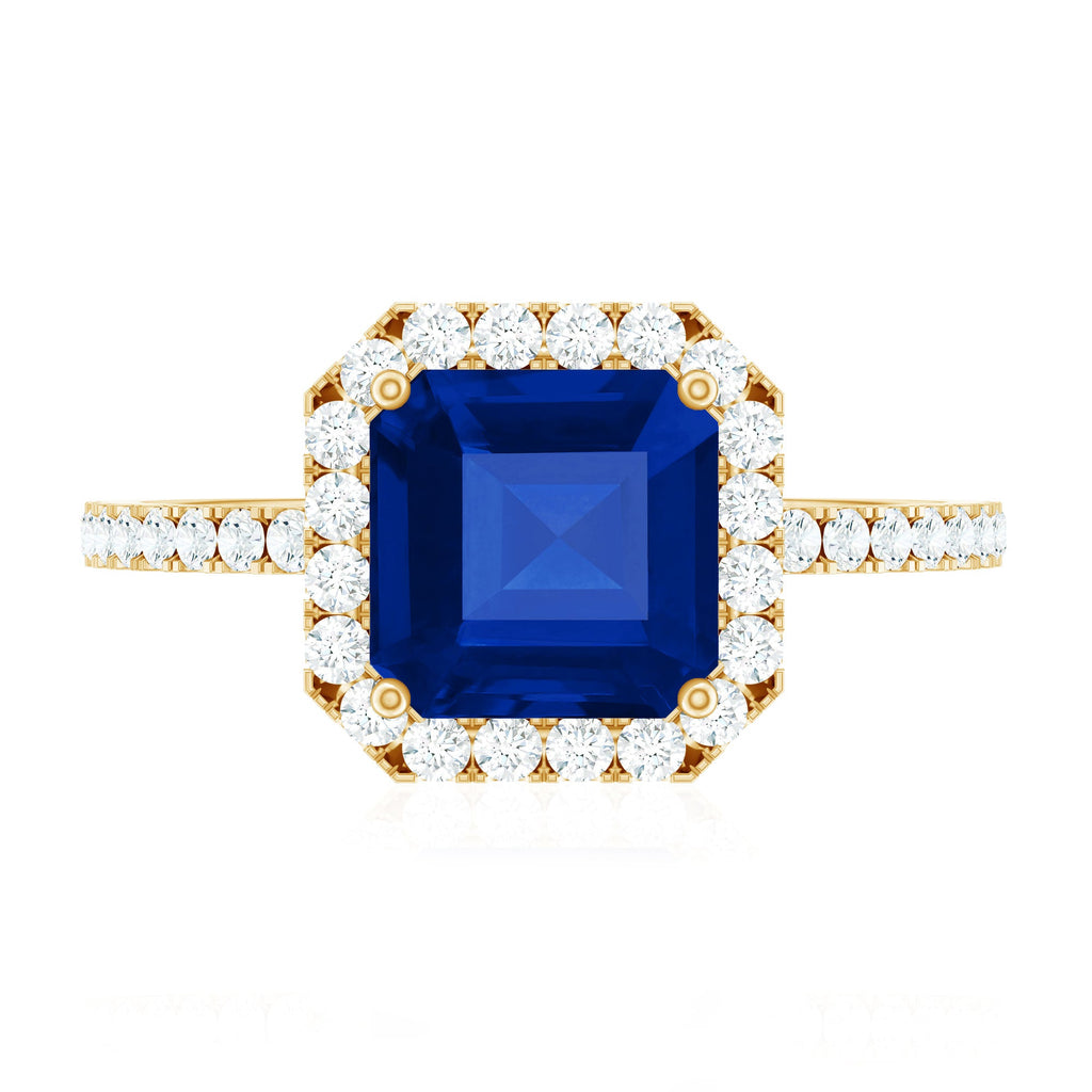 Certified 4.8 Carat Lab Grown Blue Sapphire Asscher Cut Engagement Ring with Diamond Halo