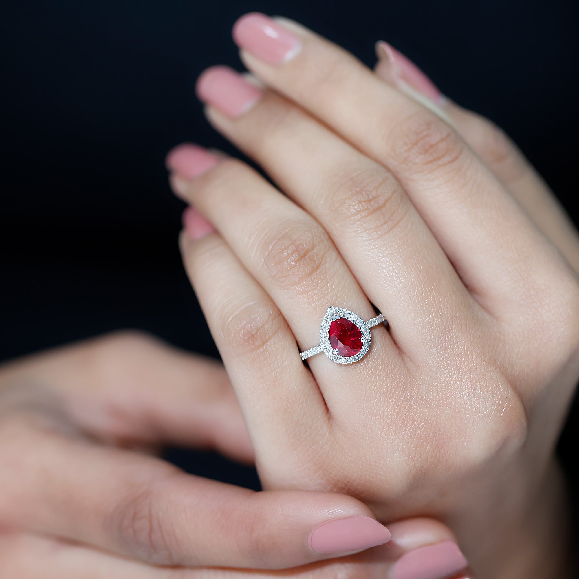Lab Grown Ruby Teardrop Engagement Ring with Diamond Halo