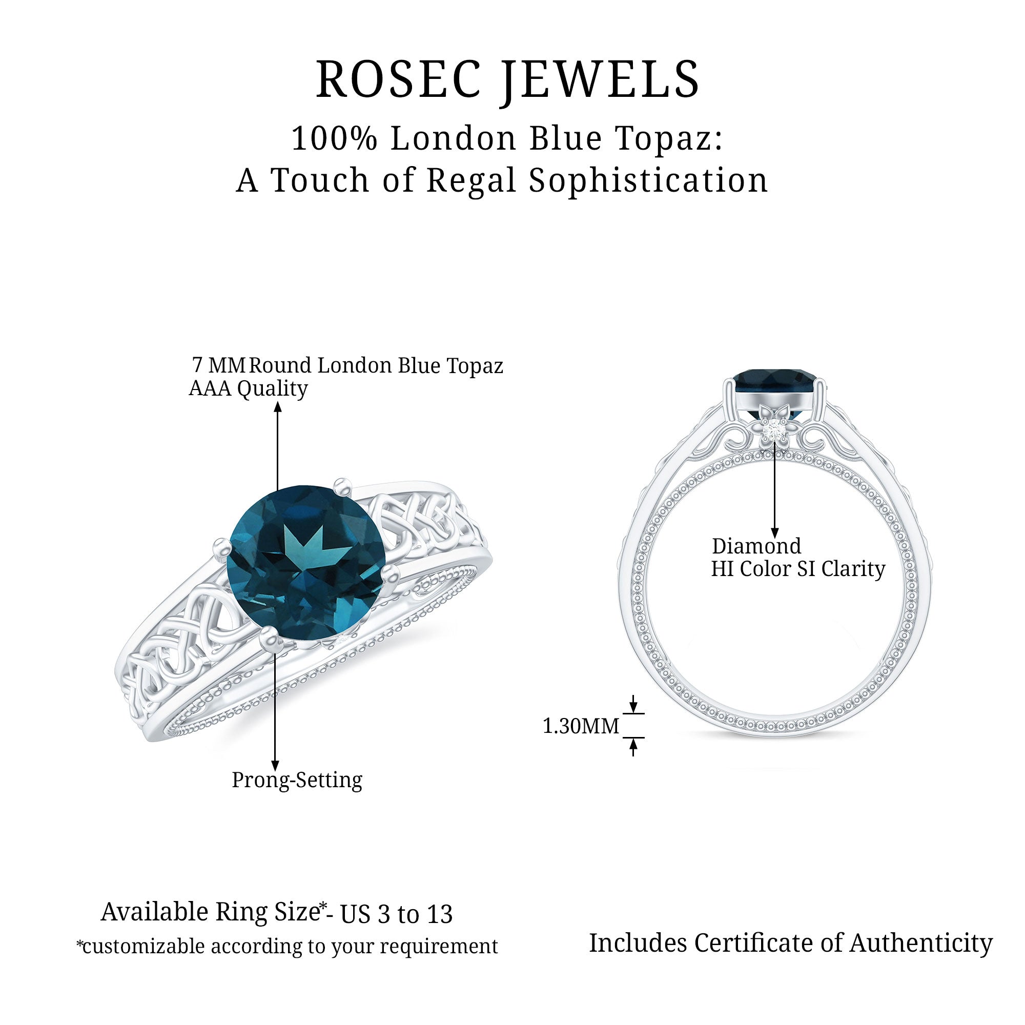 7mm Round London Blue Topaz Vintage Engagement Ring with Celtic Style Band