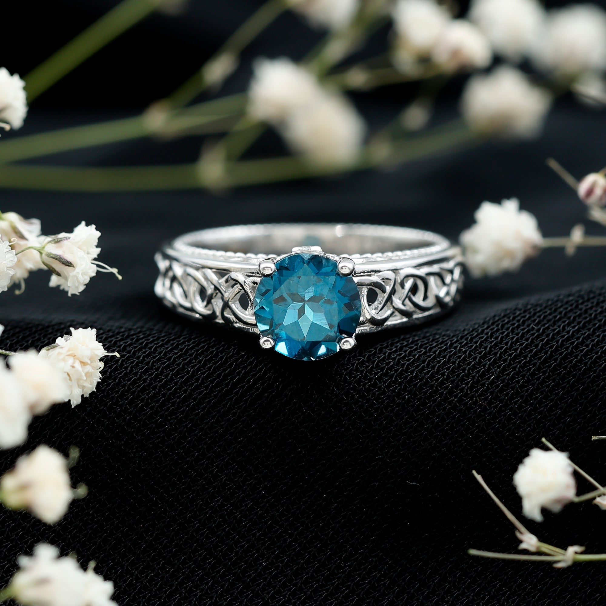 7mm Round London Blue Topaz Vintage Engagement Ring with Celtic Style Band