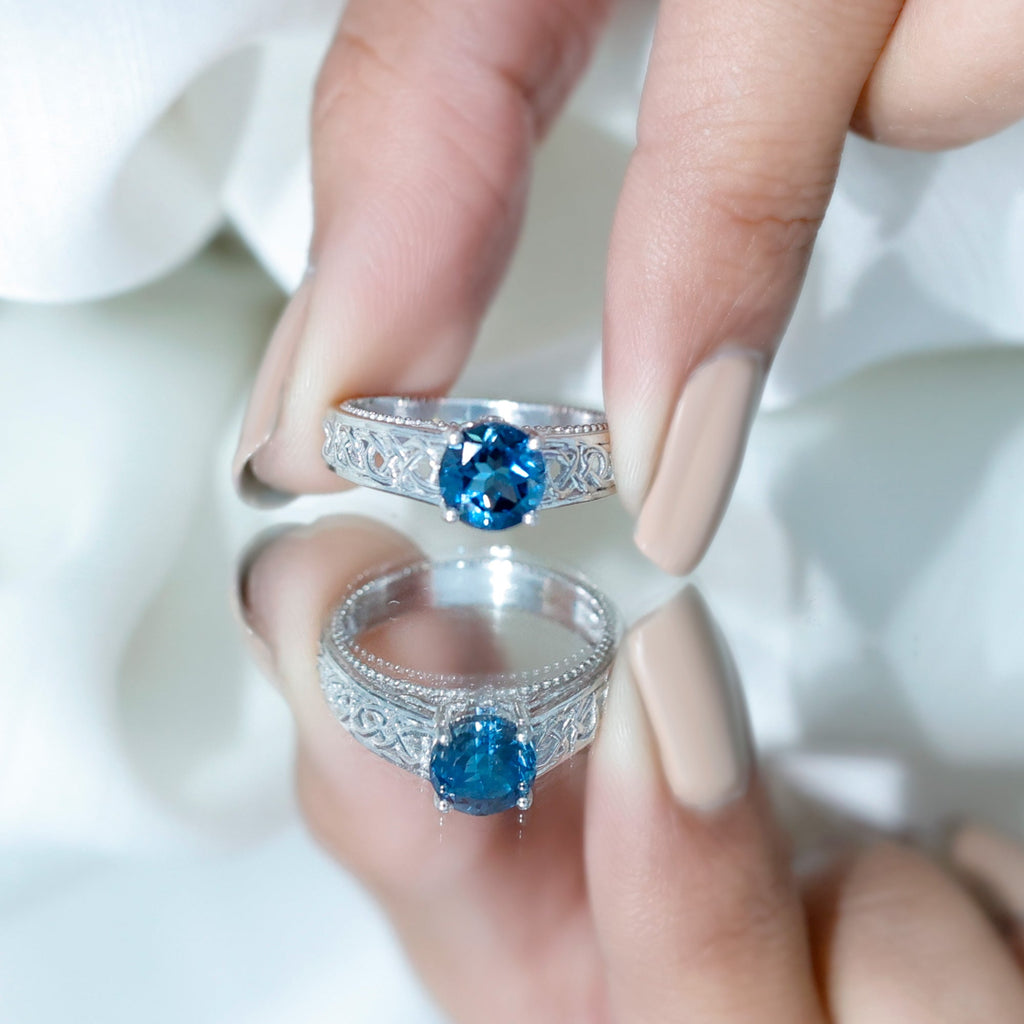 7mm Round London Blue Topaz Vintage Engagement Ring with Celtic Style Band