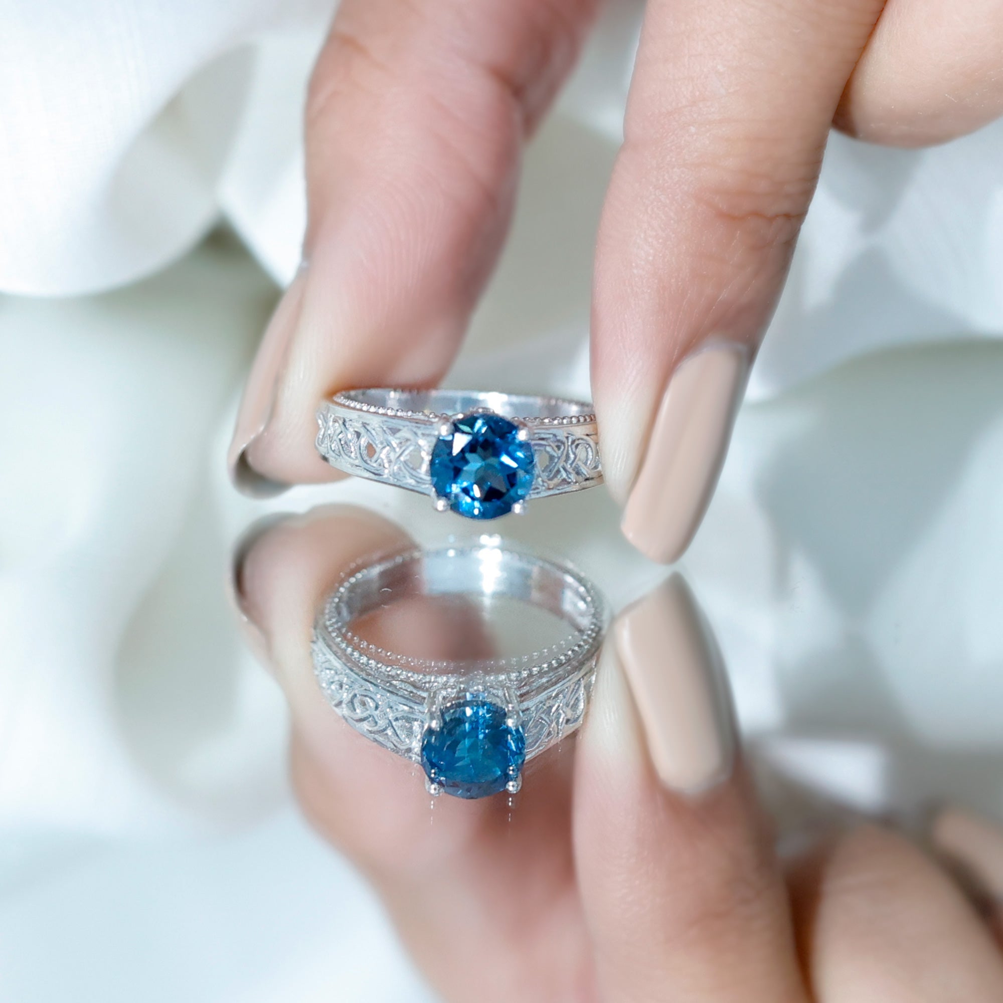 7mm Round London Blue Topaz Vintage Engagement Ring with Celtic Style Band