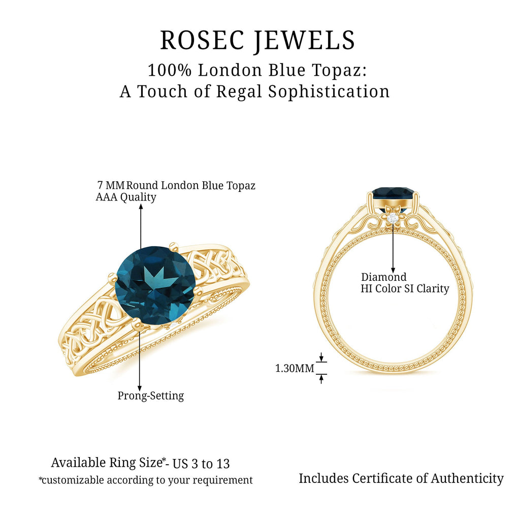 7mm Round London Blue Topaz Vintage Engagement Ring with Celtic Style Band
