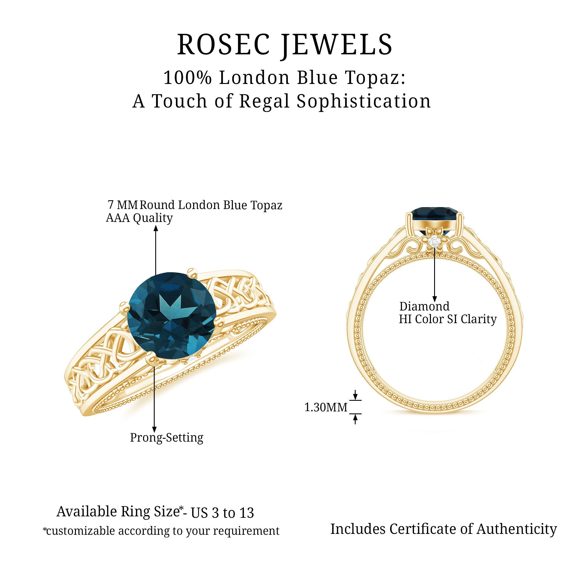 7mm Round London Blue Topaz Vintage Engagement Ring with Celtic Style Band