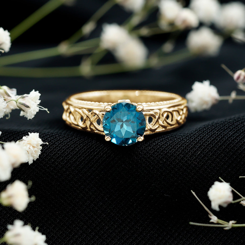 7mm Round London Blue Topaz Vintage Engagement Ring with Celtic Style Band