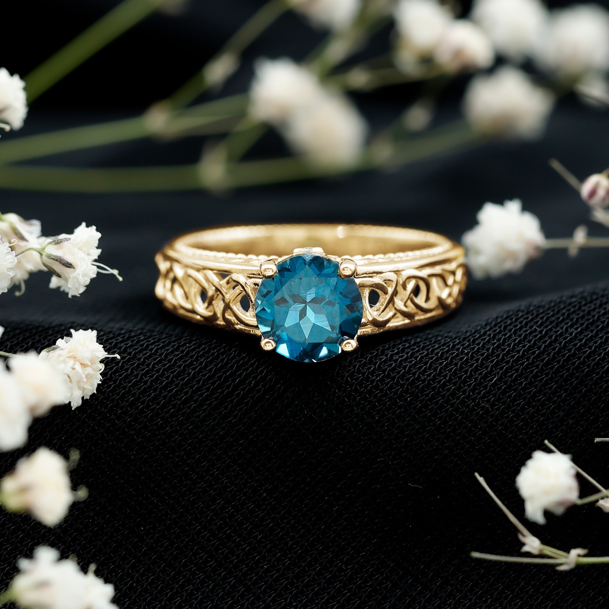 7mm Round London Blue Topaz Vintage Engagement Ring with Celtic Style Band