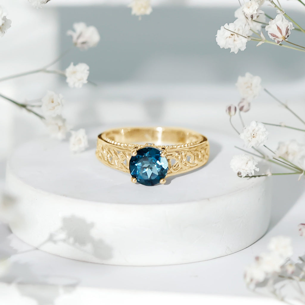 7mm Round London Blue Topaz Vintage Engagement Ring with Celtic Style Band