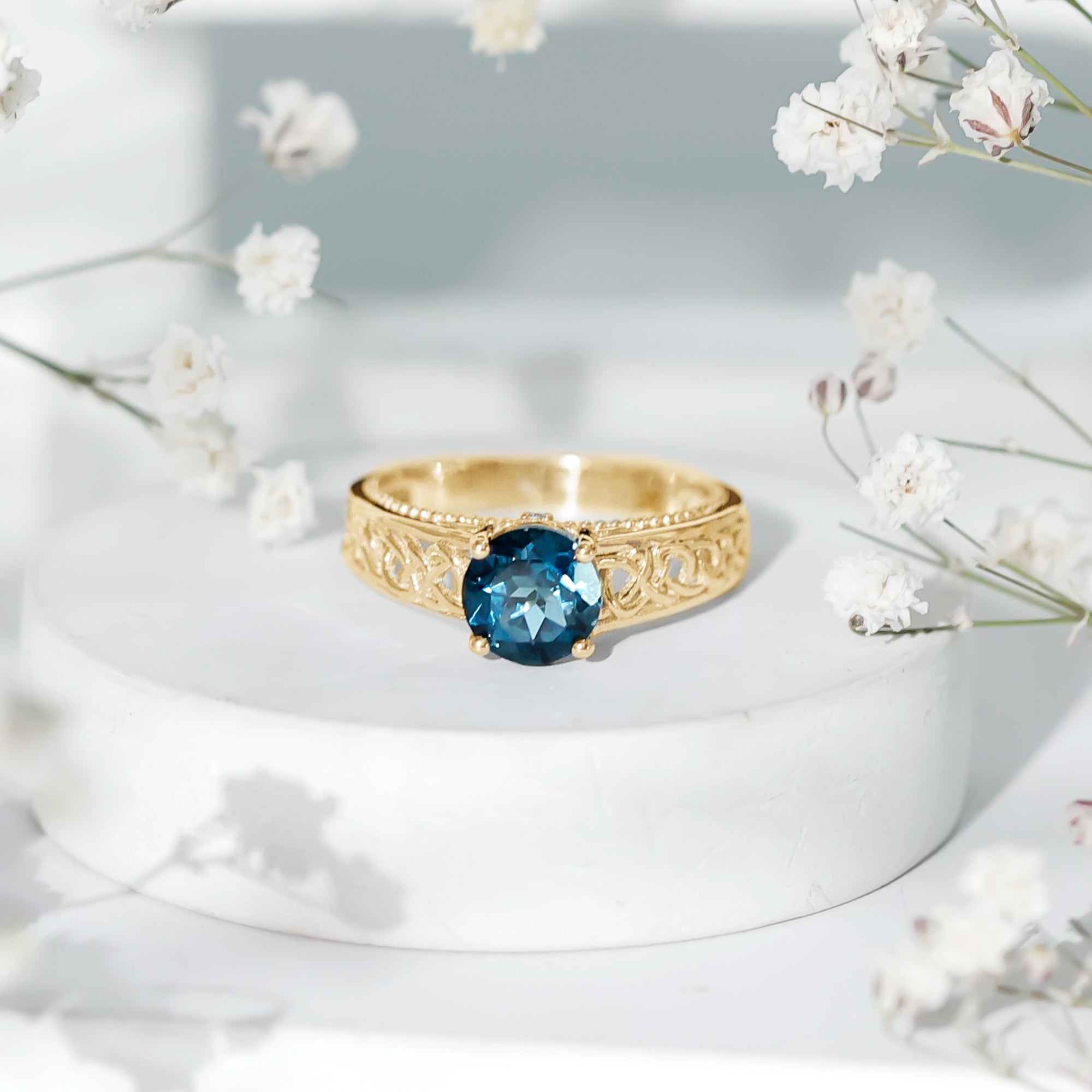 7mm Round London Blue Topaz Vintage Engagement Ring with Celtic Style Band