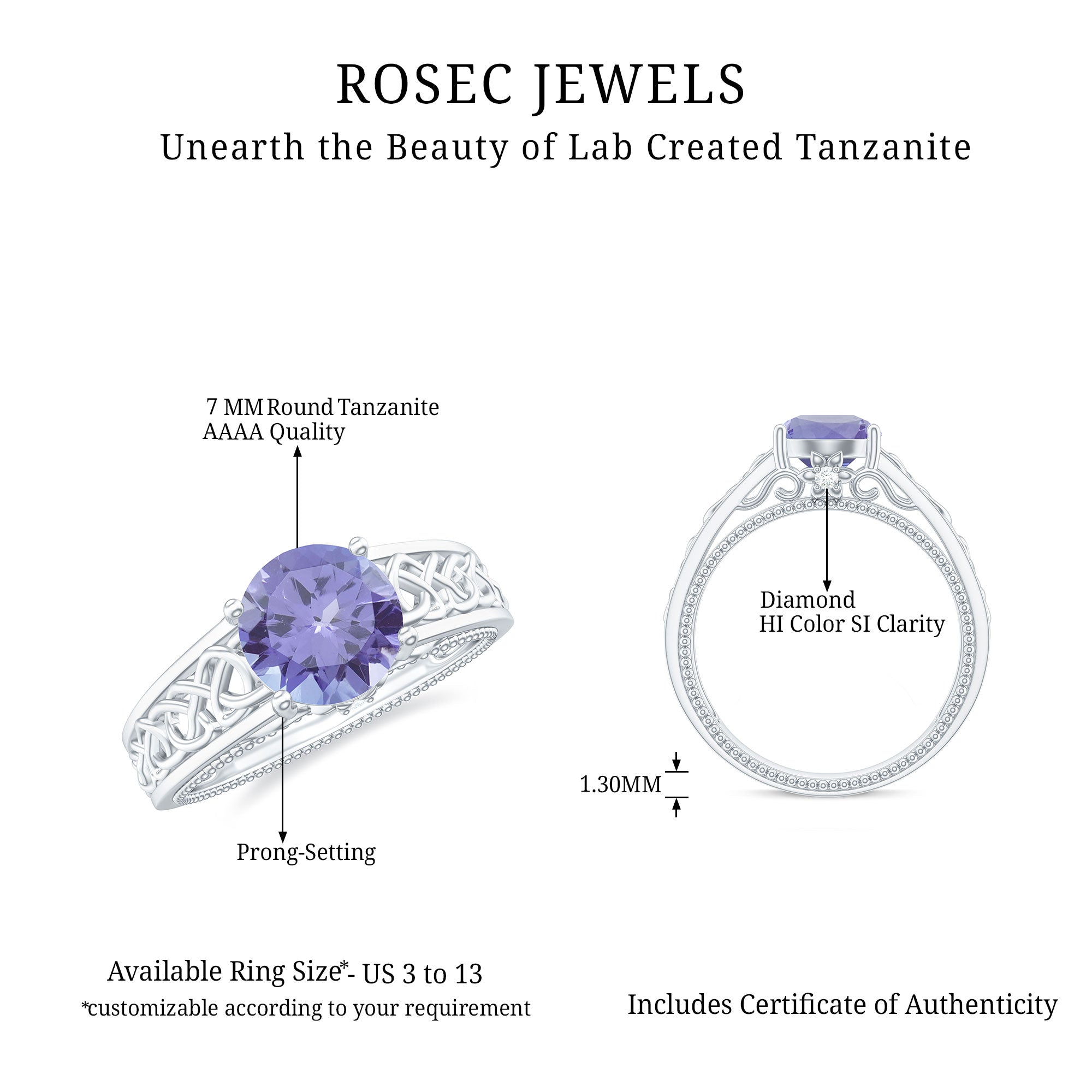 1.5 Carat Lab Created Tanzanite Engagement Ring with Celtic Design