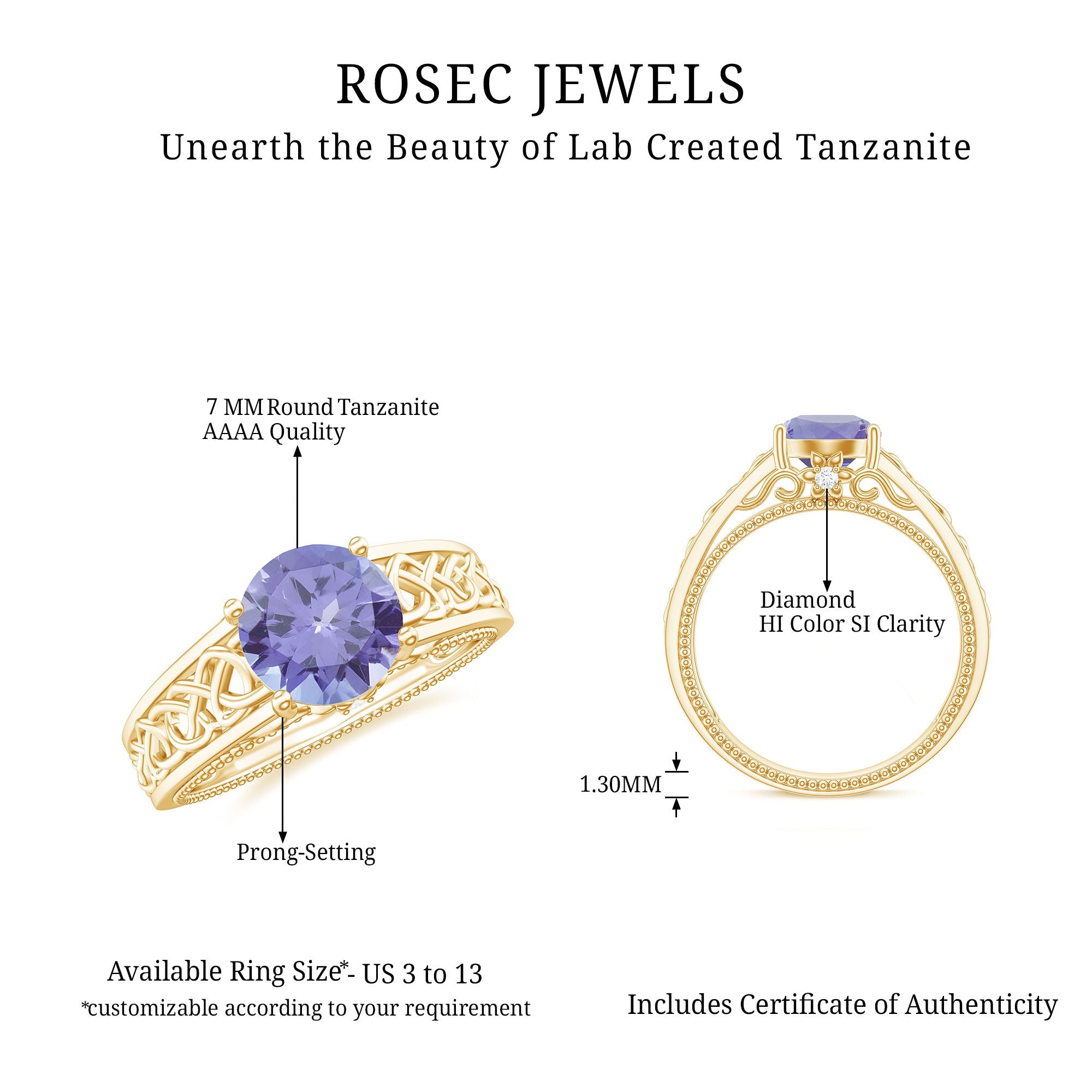 1.5 Carat Lab Created Tanzanite Engagement Ring with Celtic Design