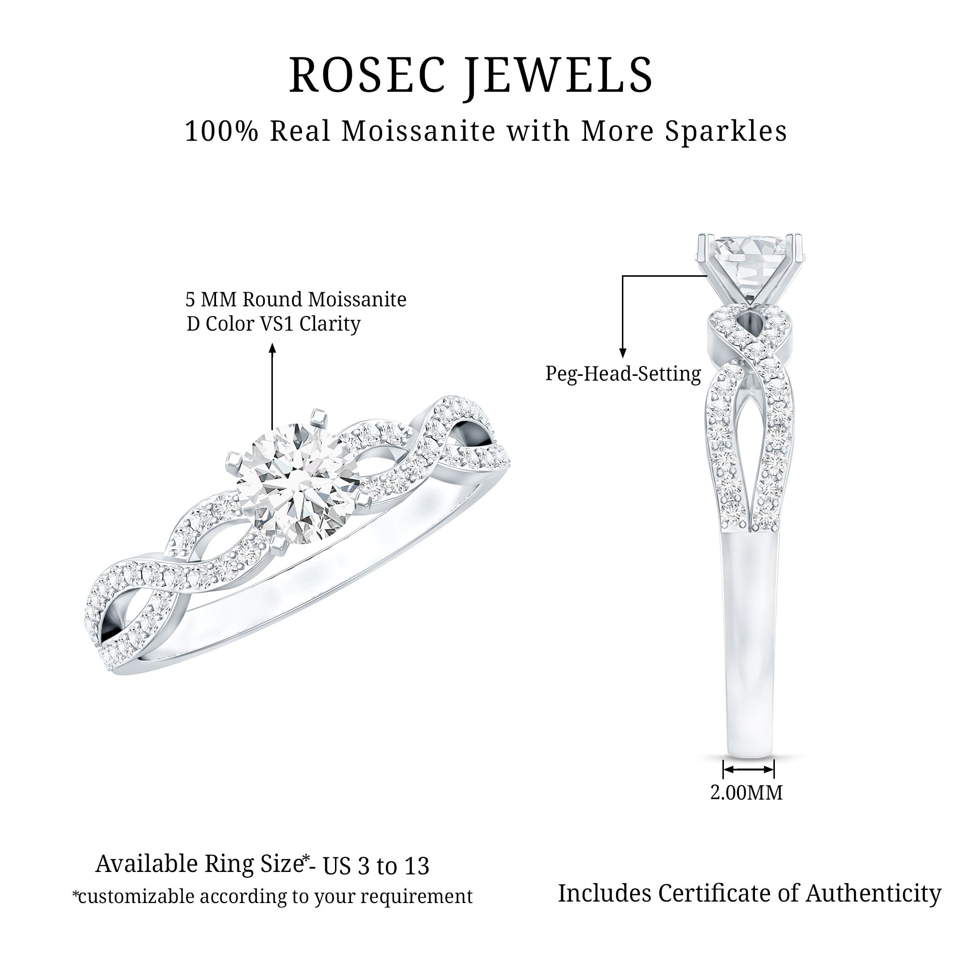 1 CT Round Shape Moissanite Crossover Infinity Ring
