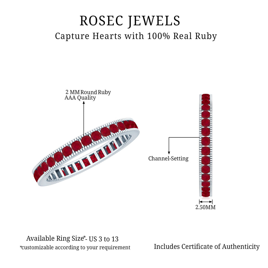 Channel Set Ruby Eternity Band Ring with Milgrain Detailing