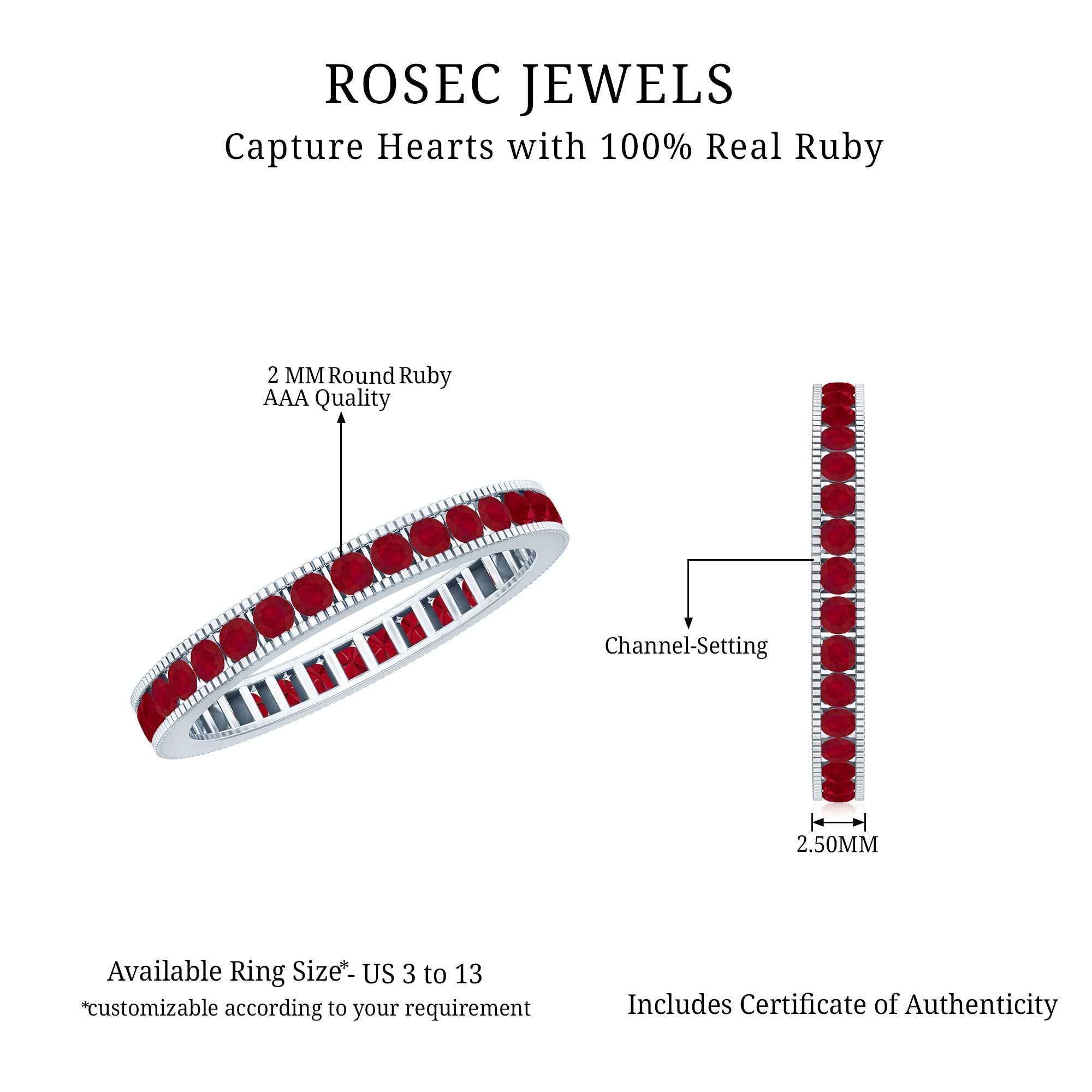 Channel Set Ruby Eternity Band Ring with Milgrain Detailing