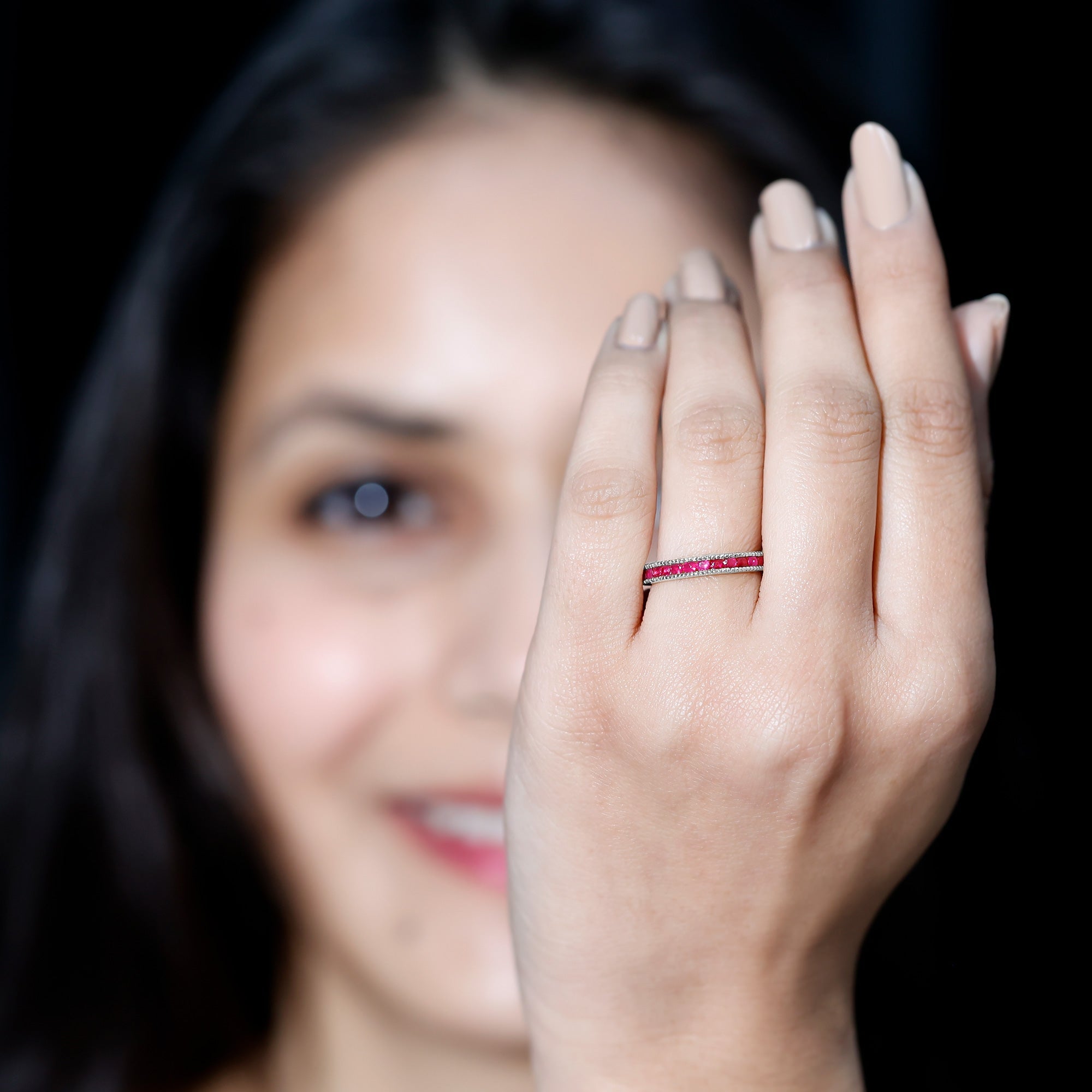 Channel Set Ruby Eternity Band Ring with Milgrain Detailing