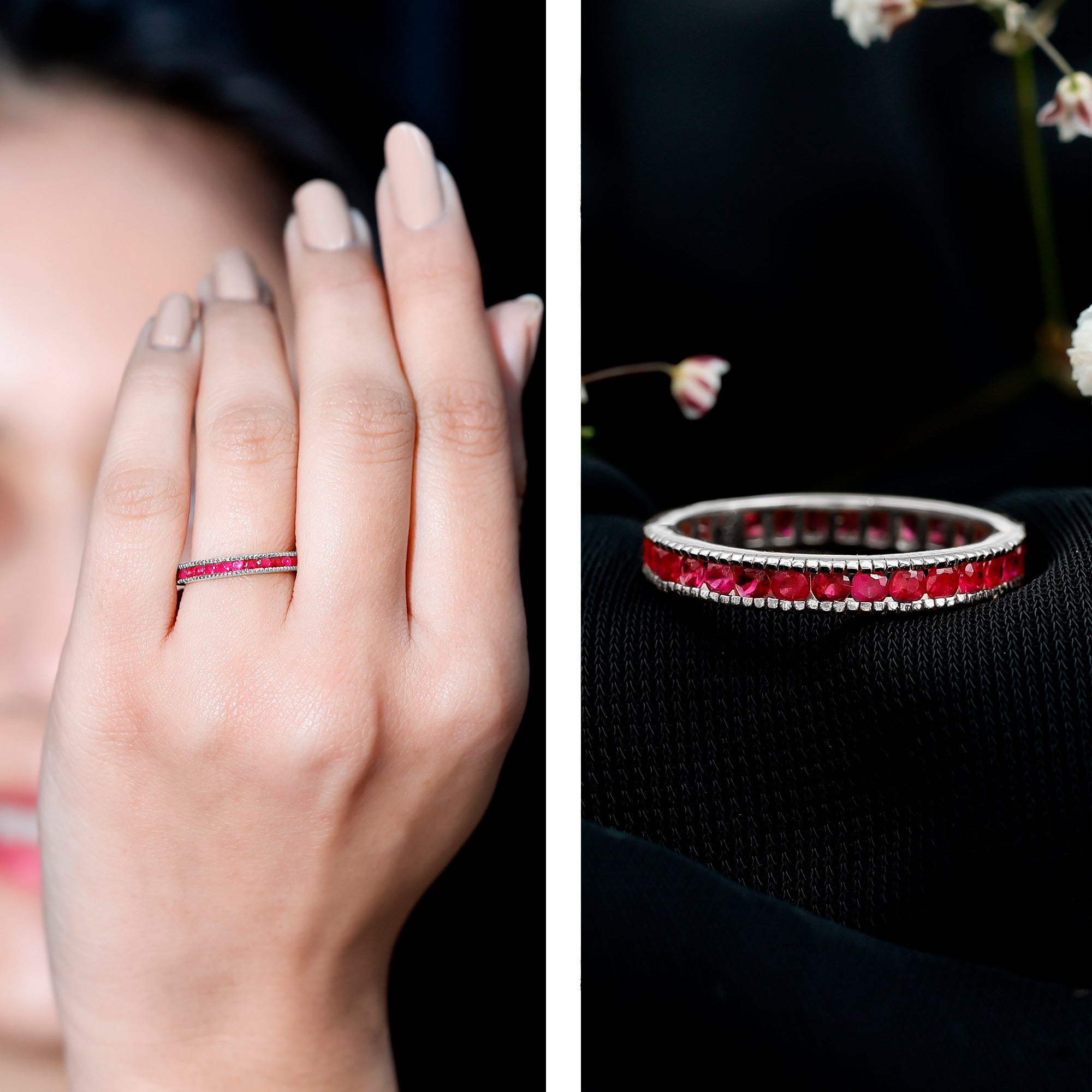 Channel Set Ruby Eternity Band Ring with Milgrain Detailing