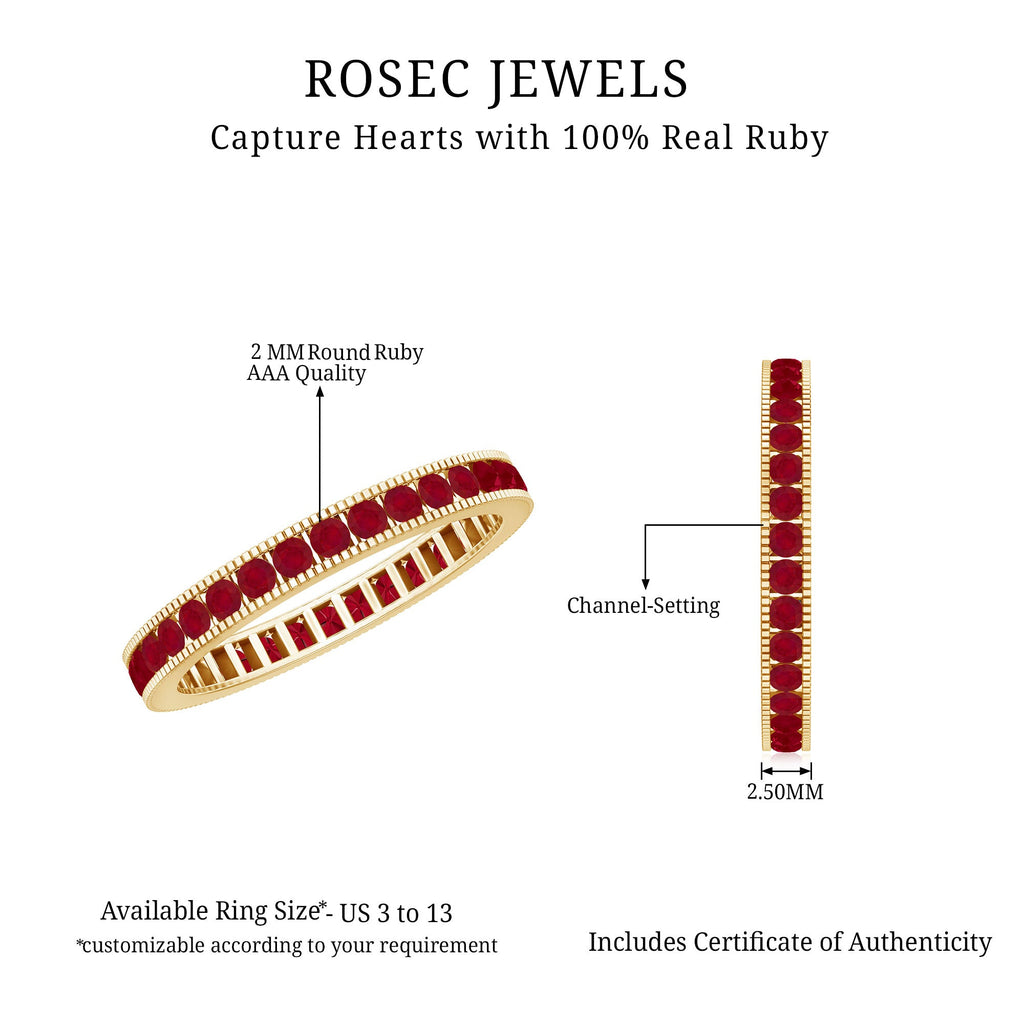 Channel Set Ruby Eternity Band Ring with Milgrain Detailing
