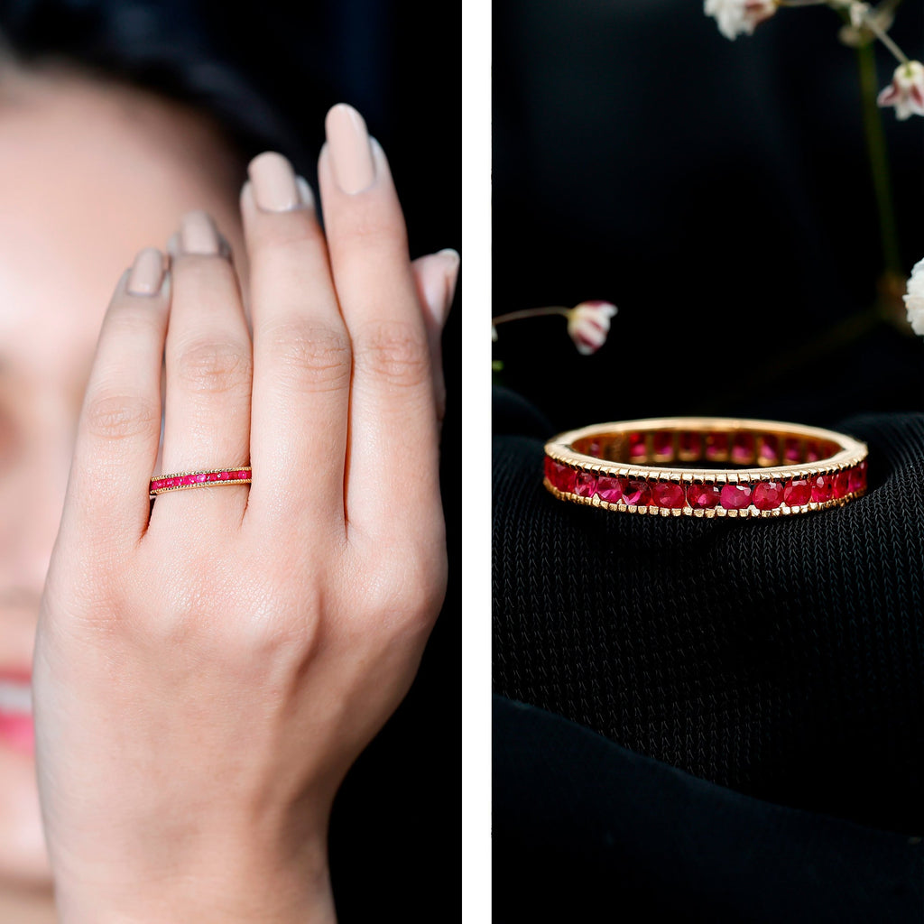 Channel Set Ruby Eternity Band Ring with Milgrain Detailing