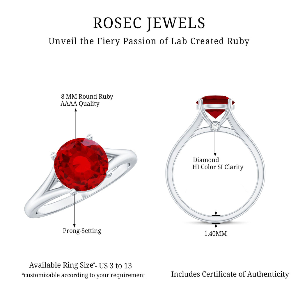 Split Shank Round Created Ruby Solitaire Ring with Surprise Diamond