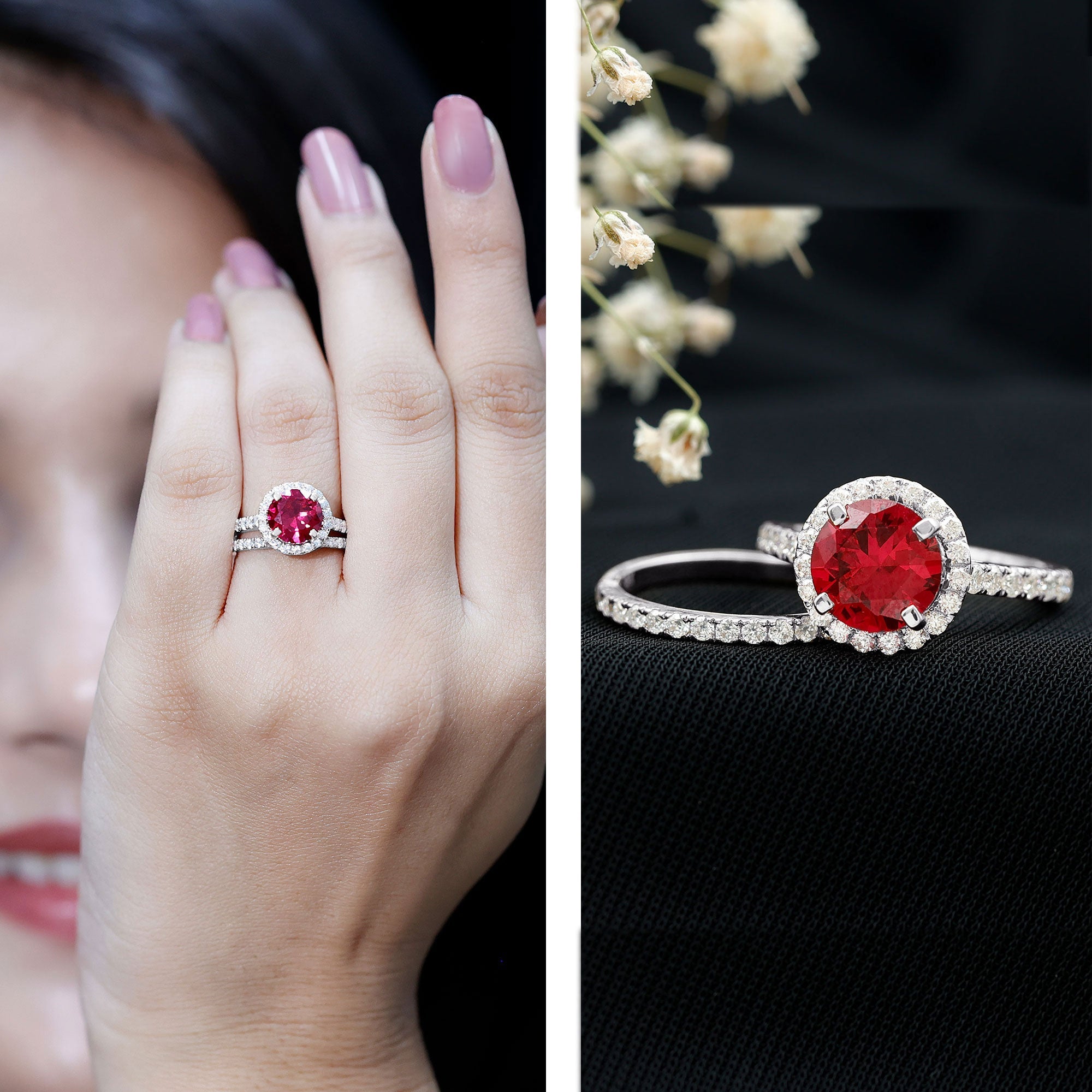 Split Shank Round Created Ruby Solitaire Ring with Surprise Diamond