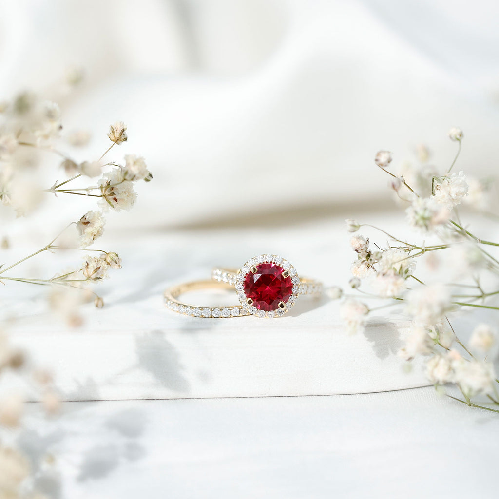 Split Shank Round Created Ruby Solitaire Ring with Surprise Diamond