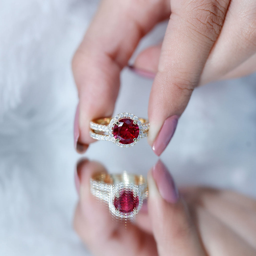 Split Shank Round Created Ruby Solitaire Ring with Surprise Diamond
