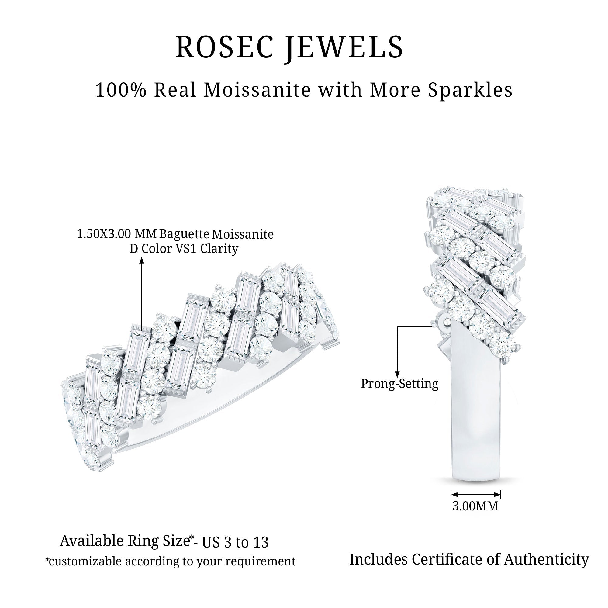 Certified Baguette and Round Moissanite Half Eternity Wedding Band