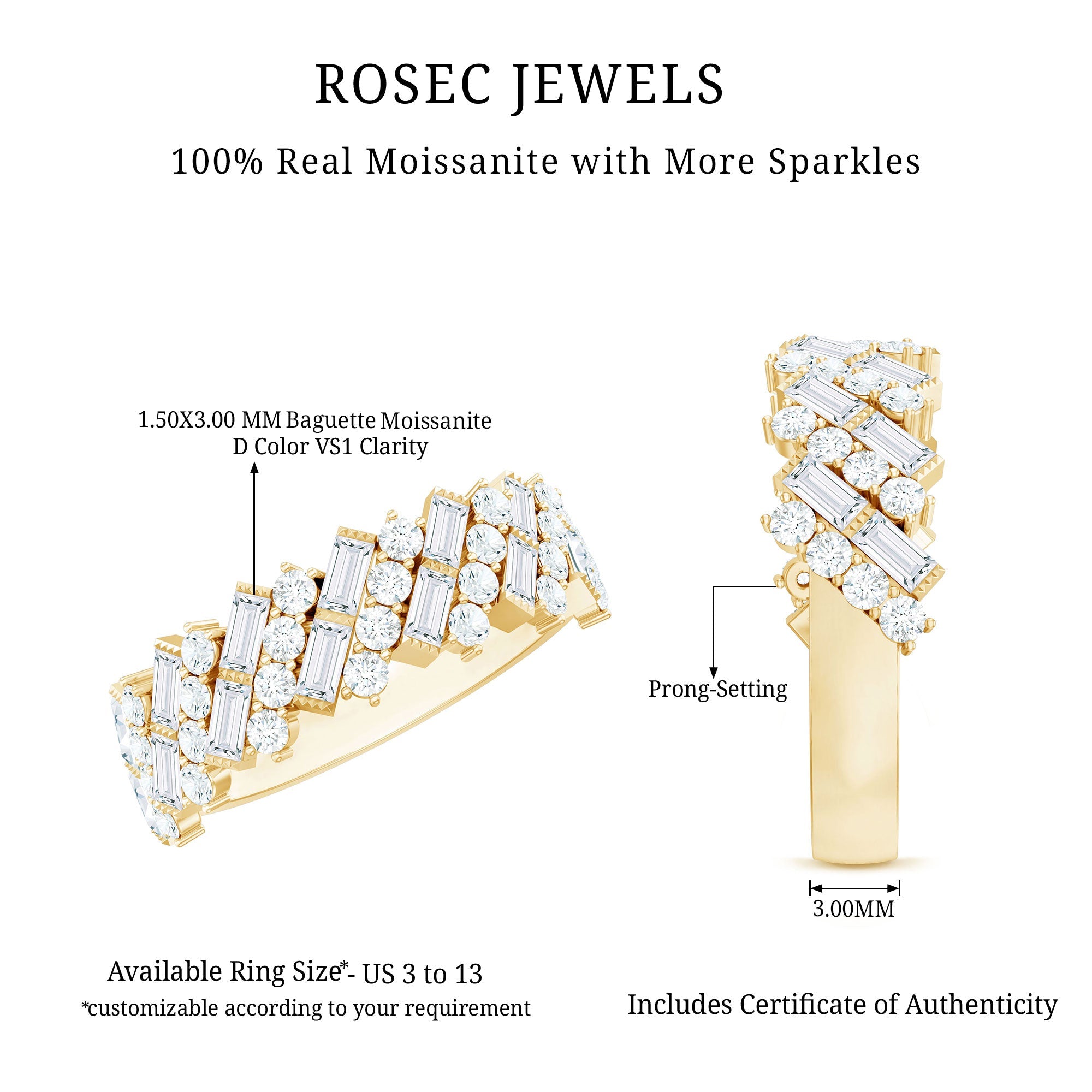 Certified Baguette and Round Moissanite Half Eternity Wedding Band