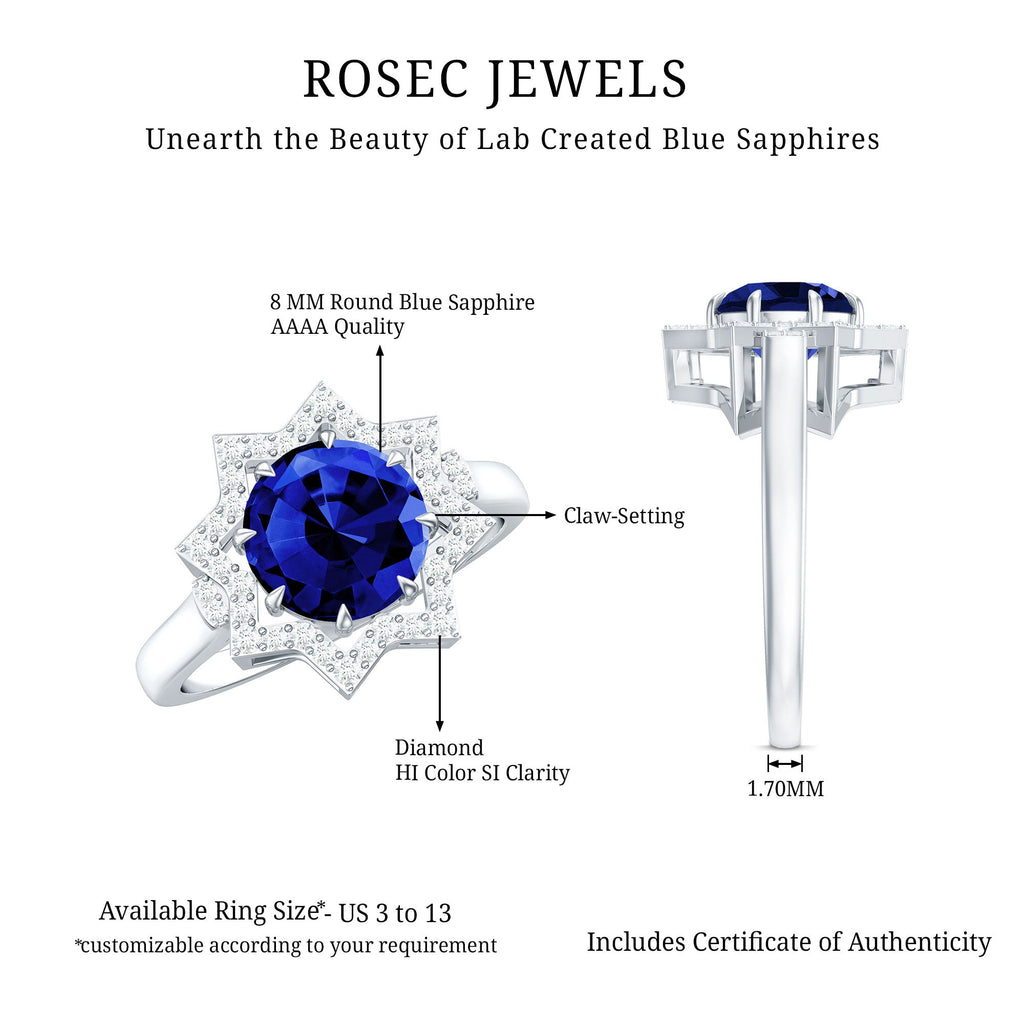 3.25 CT Created Blue Sapphire Star Shape Engagement Ring with Diamond