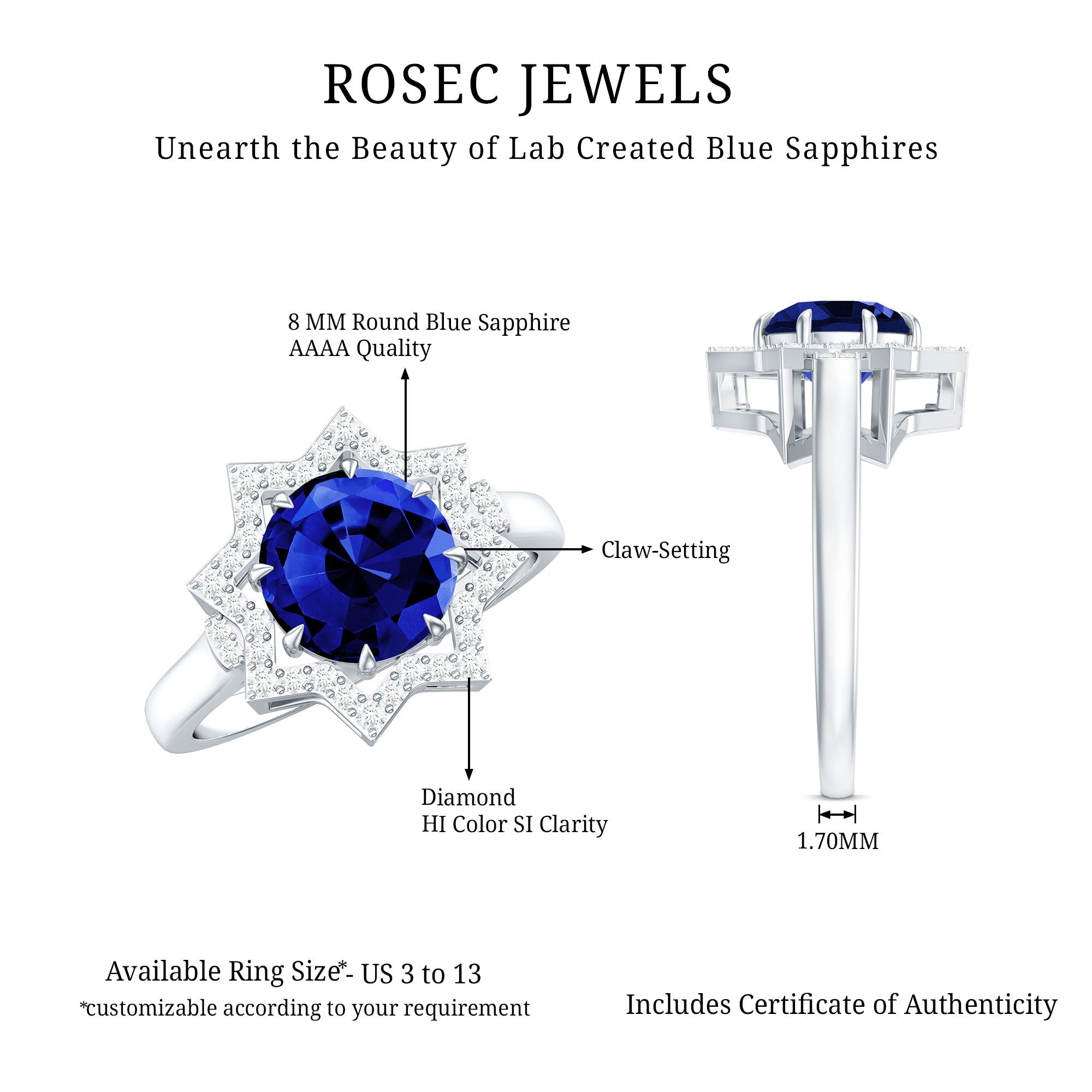 3.25 CT Created Blue Sapphire Star Shape Engagement Ring with Diamond