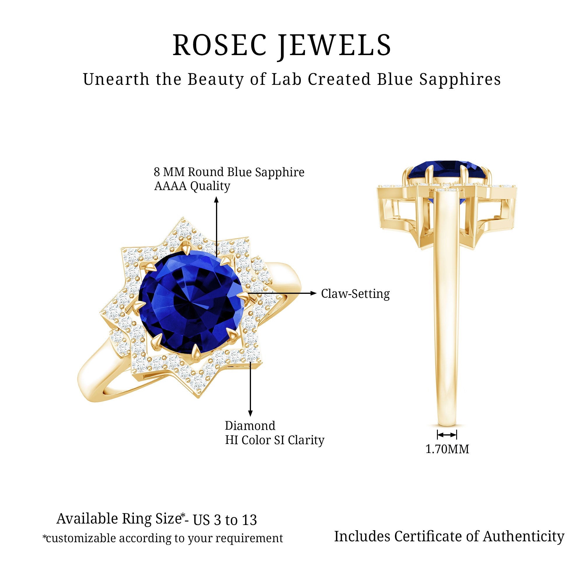 3.25 CT Created Blue Sapphire Star Shape Engagement Ring with Diamond