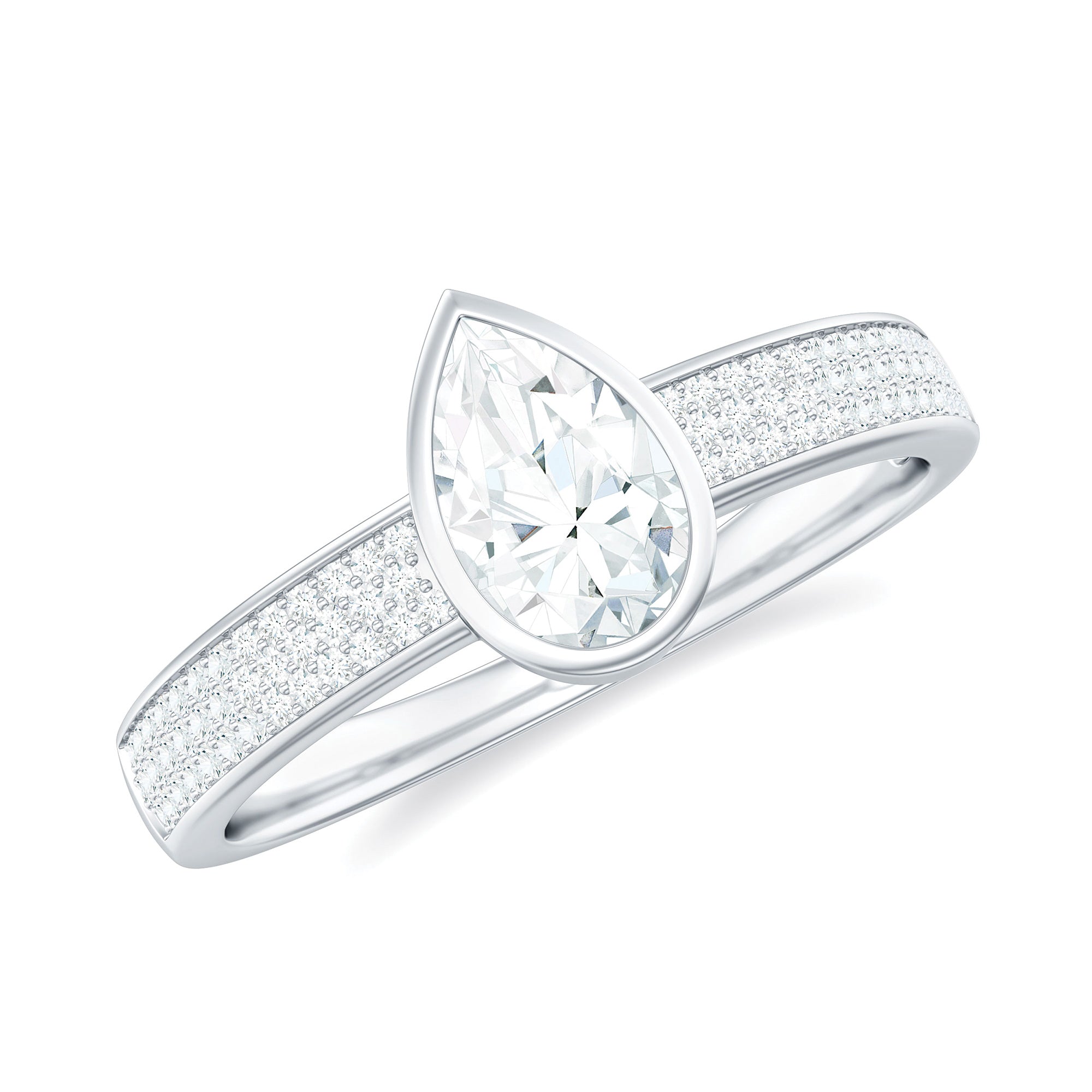 Pear Cut Moissanite Bezel Set Engagement Ring With Side Stones