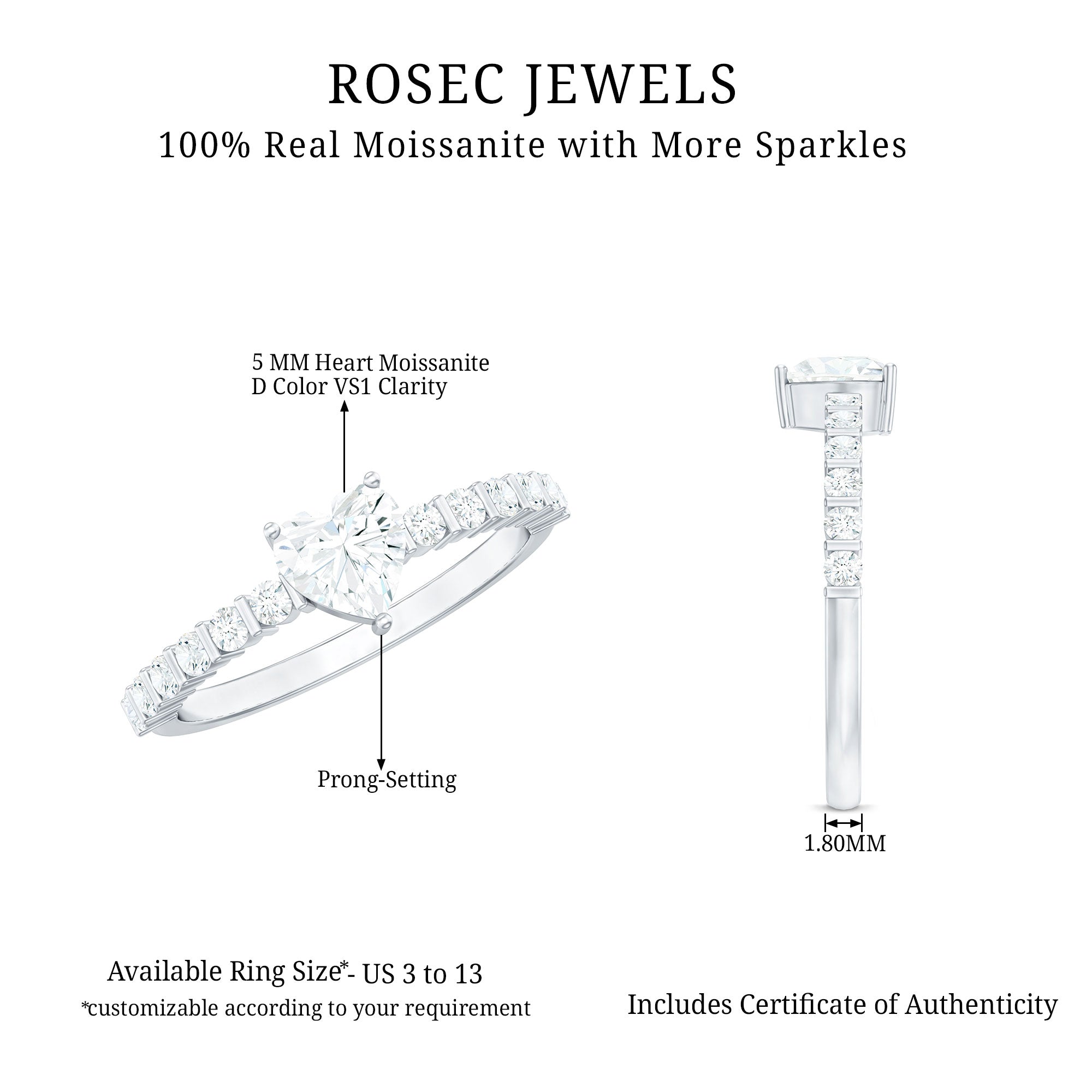 Certified 5 MM Moissanite Heart Engagement Ring with Side Stones