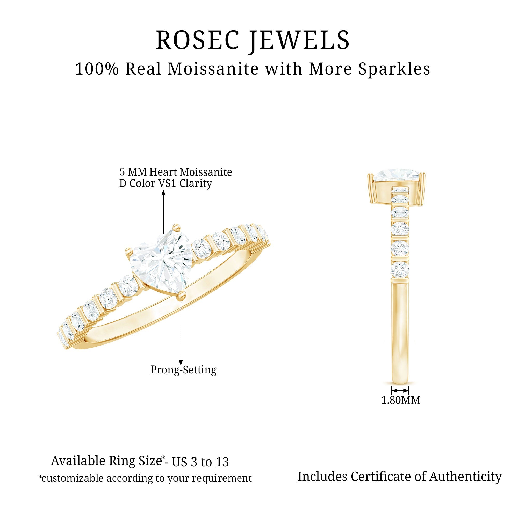 Certified 5 MM Moissanite Heart Engagement Ring with Side Stones