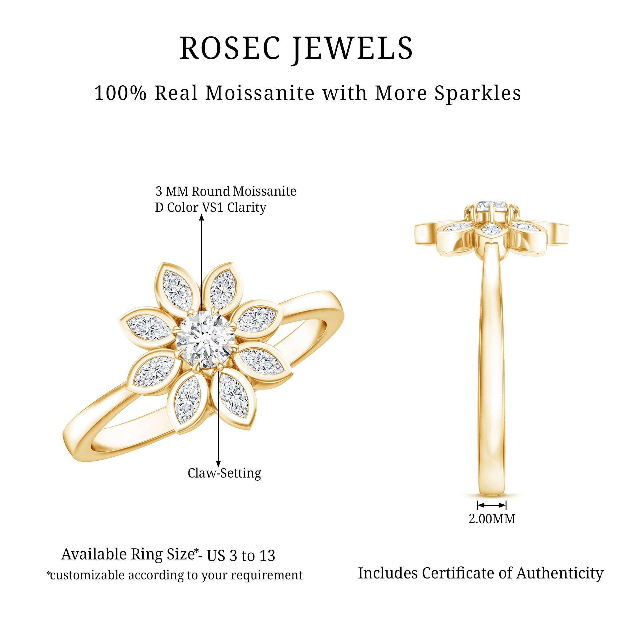 Certified Moissanite Flower Engagement Ring For Her