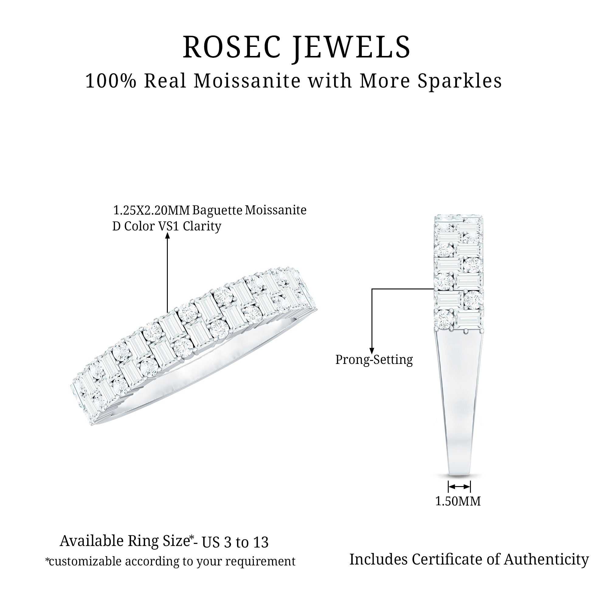 Baguette and Round Certified Moissanite Half Eternity Band Ring