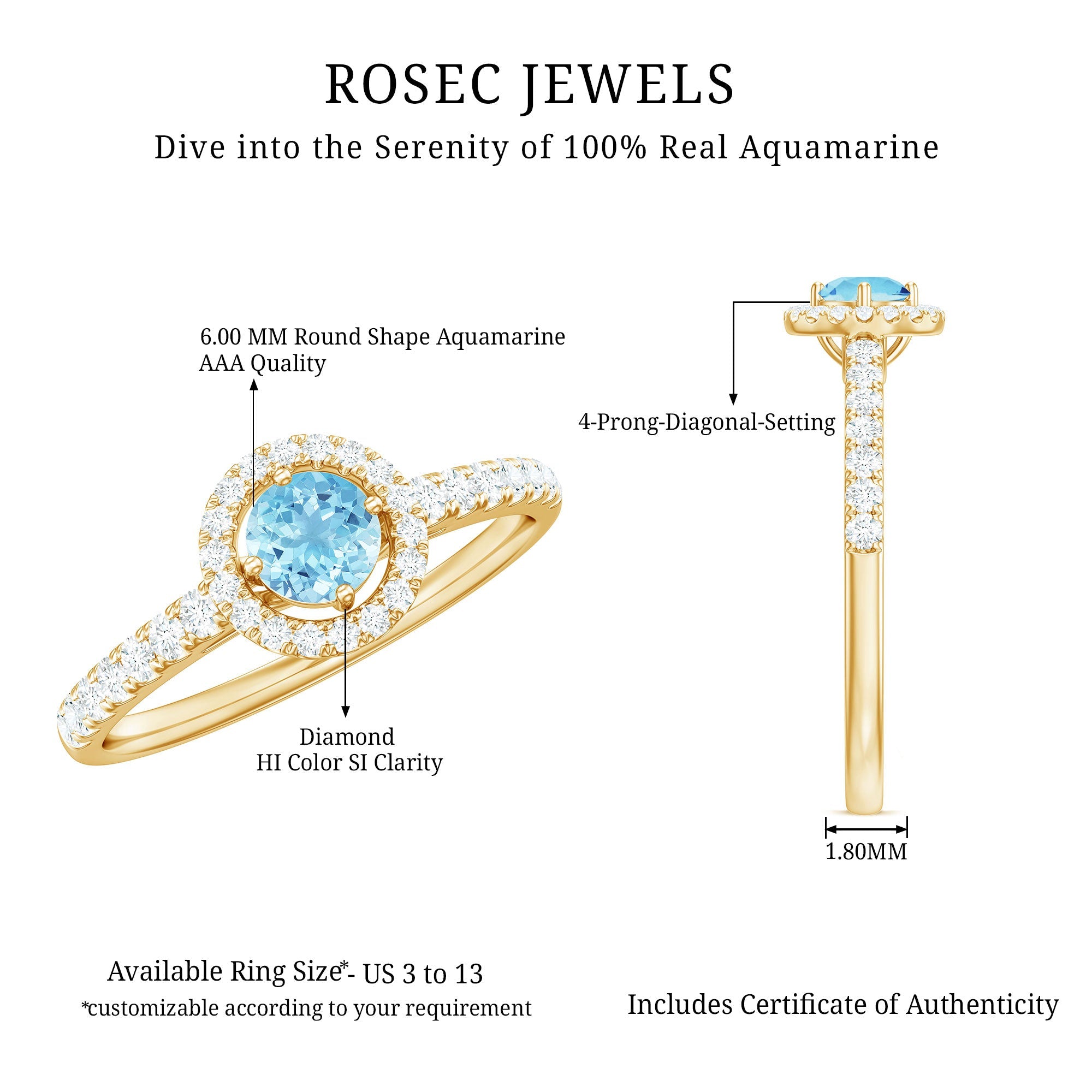 Certified Natural Aquamarine Engagement Ring with Diamond Halo