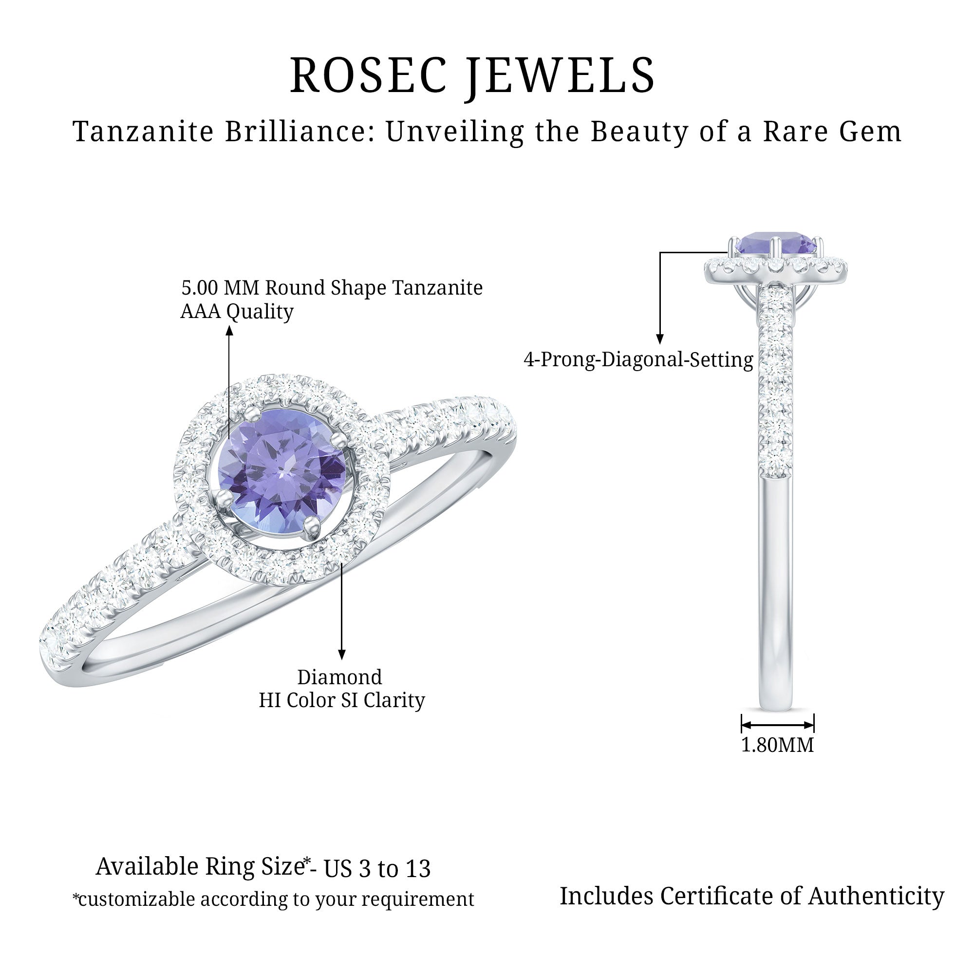Natural Tanzanite and Diamond Promise Ring for Engagement