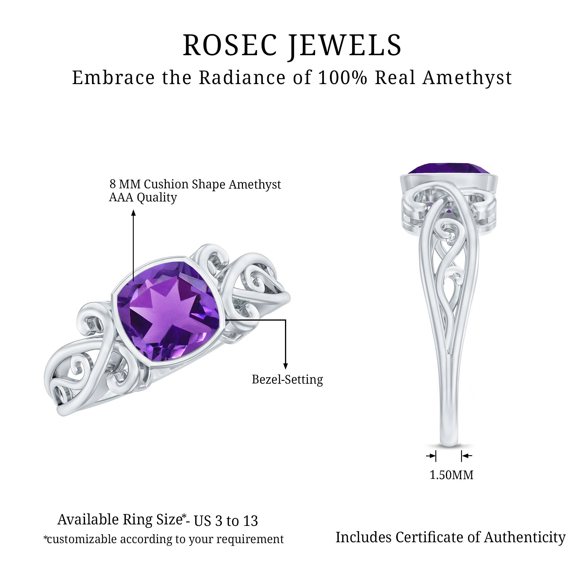 2 CT Vintage Inspired Cushion Cut Amethyst Solitaire Ring