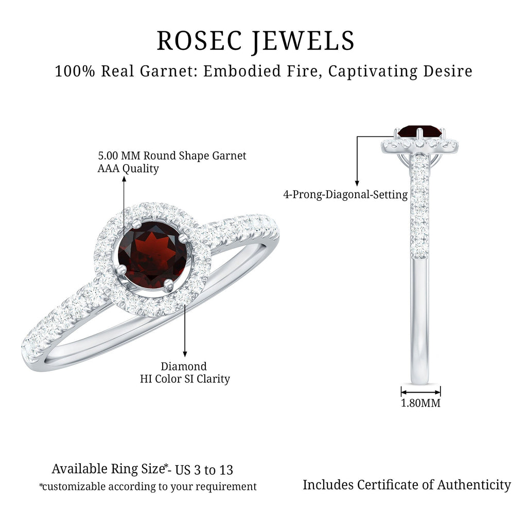 Garnet Minimal Engagement Ring with Diamond Halo