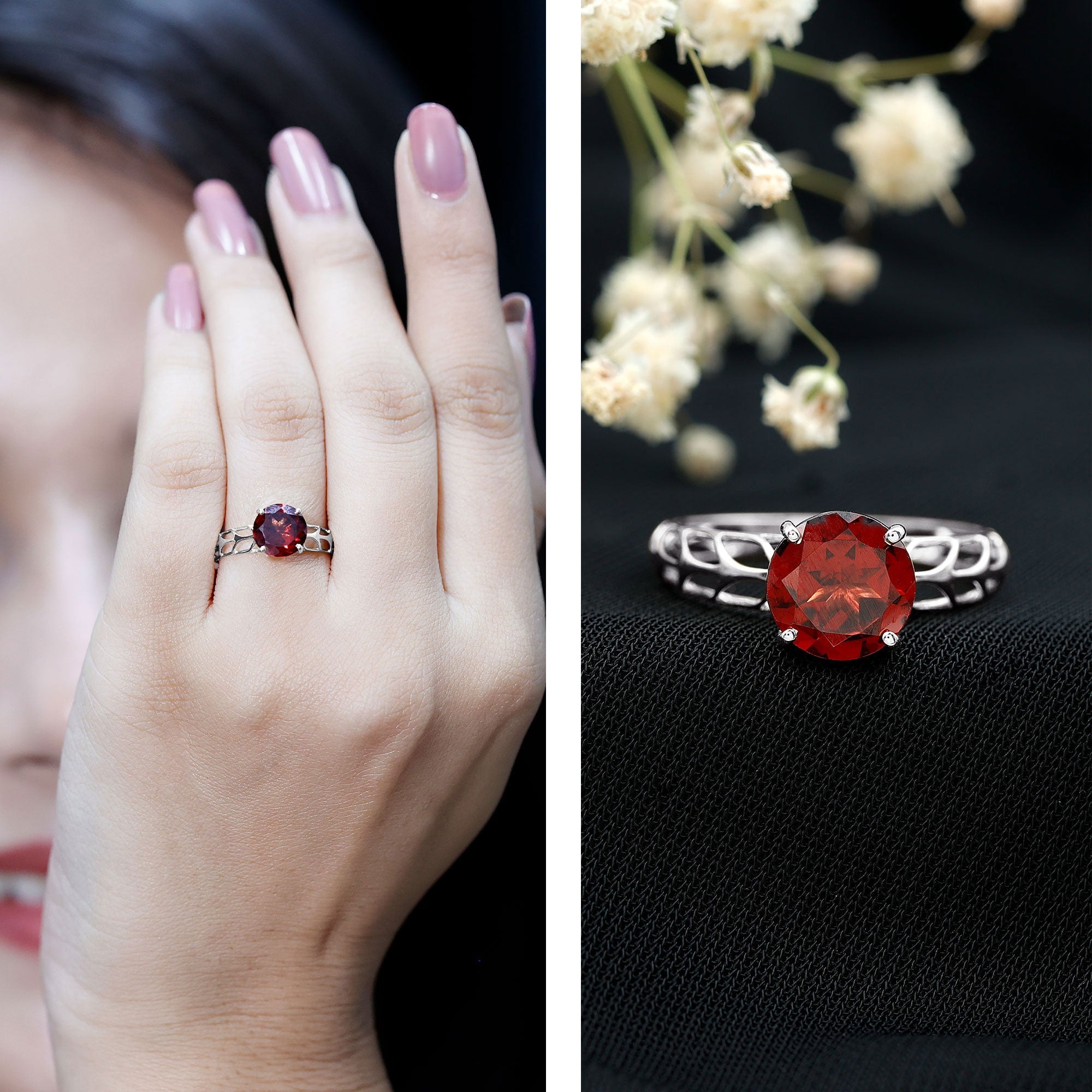 Natural 8mm Garnet Filigree Engagement Ring with Certificate