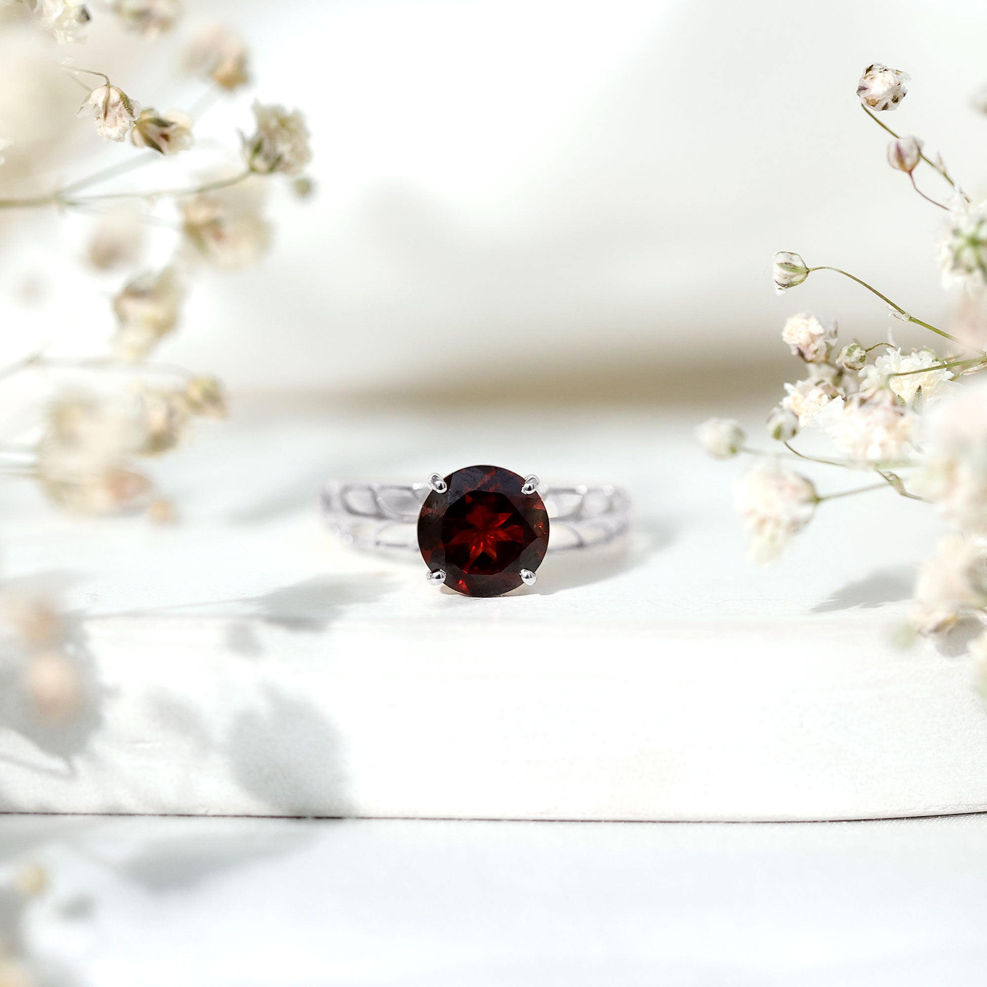 Natural 8mm Garnet Filigree Engagement Ring with Certificate