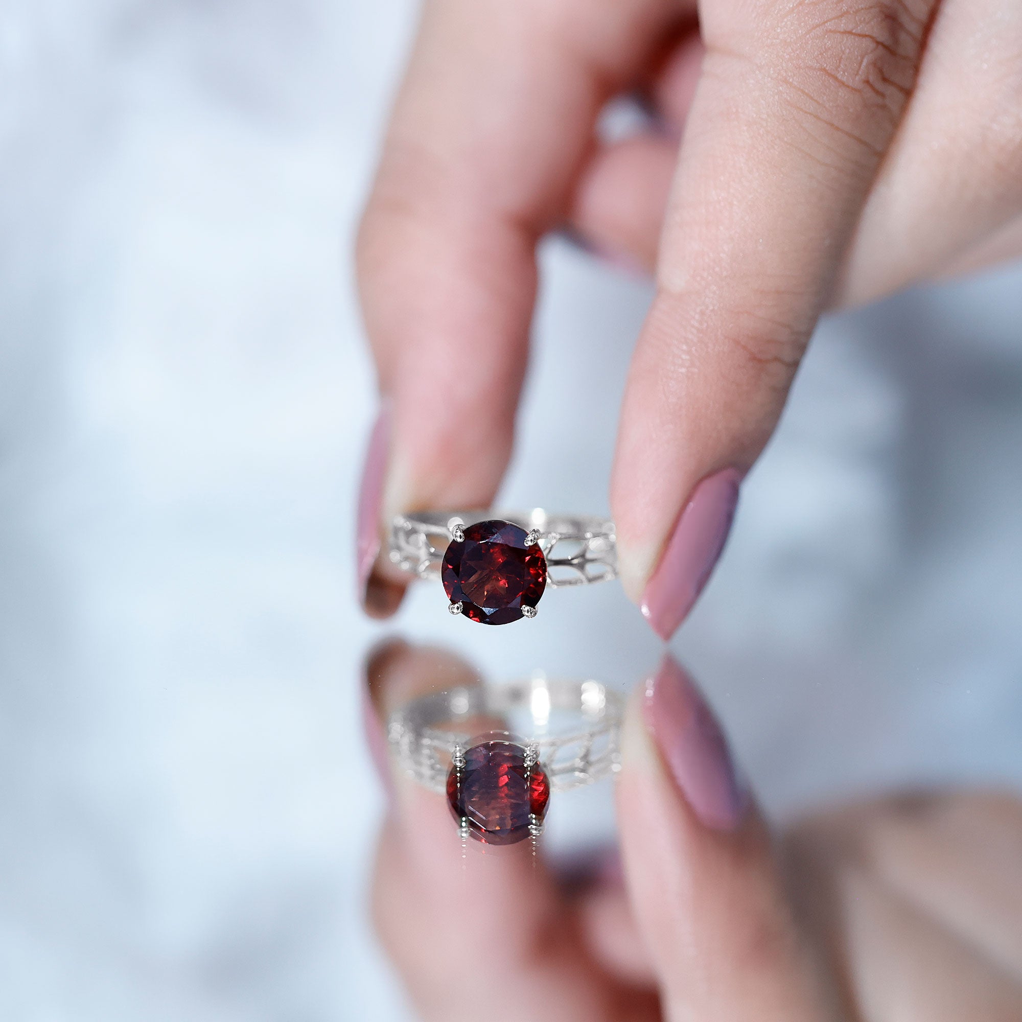 Natural 8mm Garnet Filigree Engagement Ring with Certificate