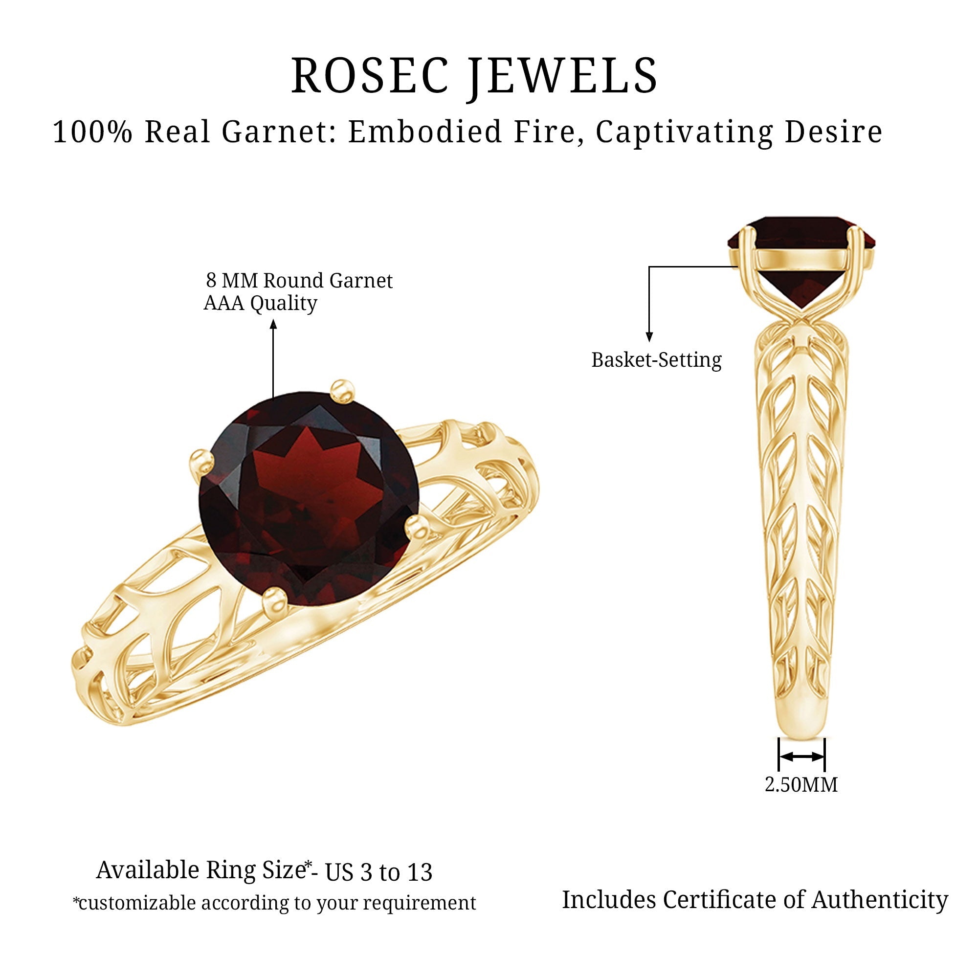 Natural 8mm Garnet Filigree Engagement Ring with Certificate