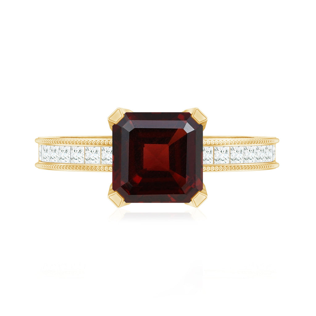 Natural 8mm Asscher Cut Garnet Engagement Ring with Diamond Side Stones