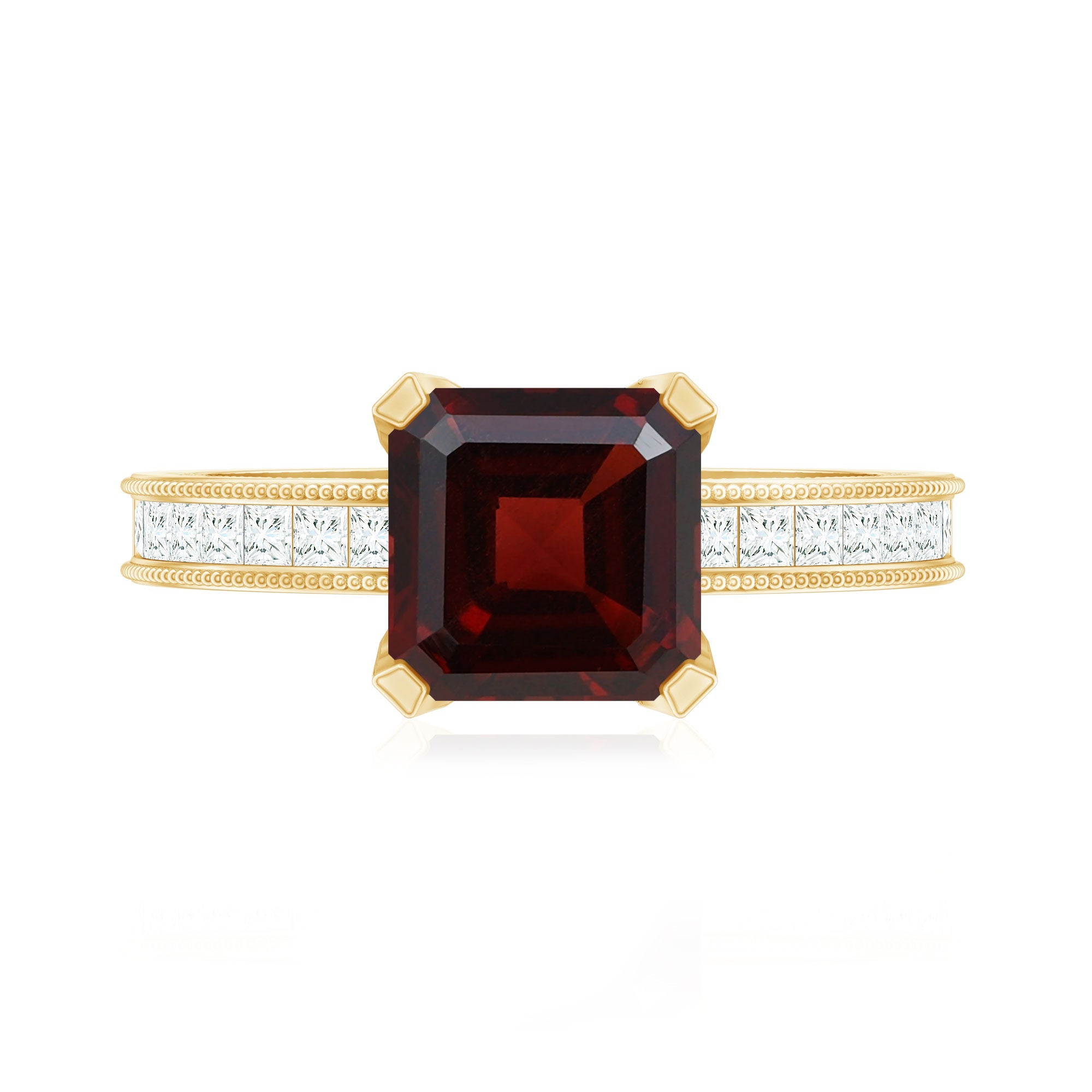 Natural 8mm Asscher Cut Garnet Engagement Ring with Diamond Side Stones