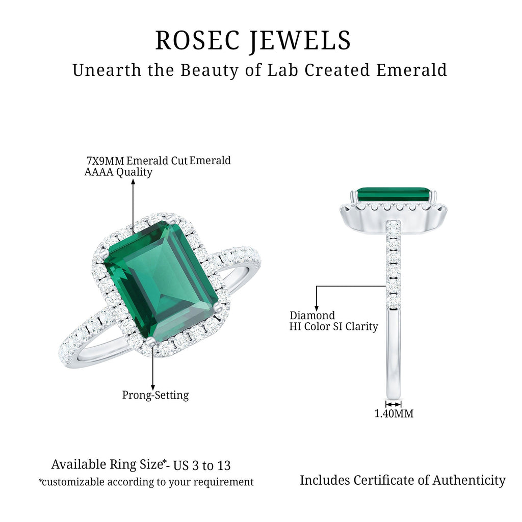 Octagon Cut Lab Grown Emerald Engagement Ring with Diamond