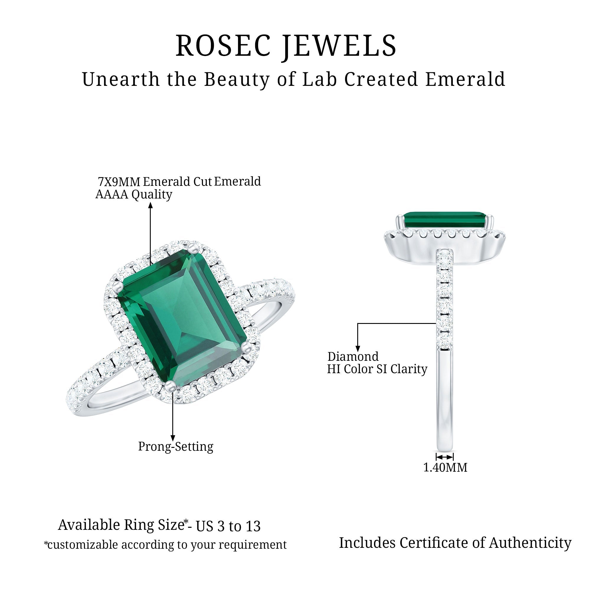 Octagon Cut Lab Grown Emerald Engagement Ring with Diamond