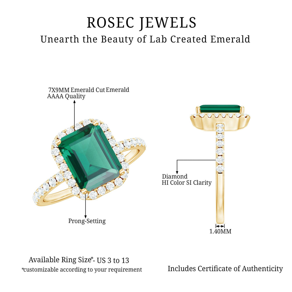 Octagon Cut Lab Grown Emerald Engagement Ring with Diamond